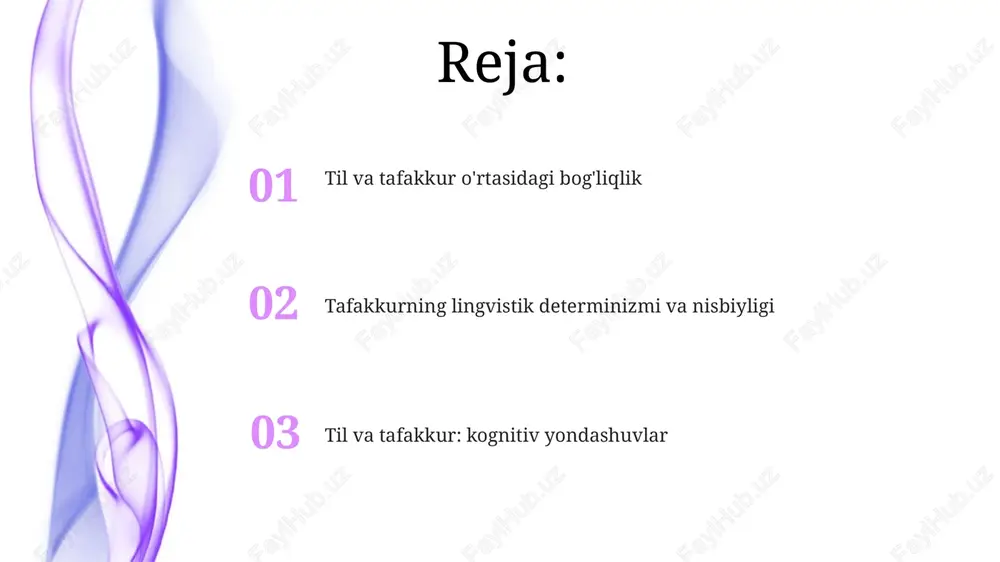 llantiradi, bunda 100% fikr tilda ifodalangan shaklga bog'liq bo'ladi. lingvistik nisbiylik til farqlari turli xalqlarning dunyoqarashlariga ta'sir etadi, lekin bu ta'sir doimiy emas va 50-75% ni tashkil qilishi mumkin. sapir-uorf gipotezasi 1930-yillarda rivojlangan bo'lib, ikki asosiy tamoyilni o'z ichiga oladi: til determinizmi va lingvistik nisbiylik. til nisbiyligi uchun dalillar fazoviy yo'nalish tillarda farq qiladi; masalan, ba'zi tillar 'chap' va 'o'ng' o'rniga doimiy ravishda 'shimol' va 'janub' kabi geografik yo'nalishlarni (mutlaq yo'nalish) ishlatadi. rang nomlarining farqlari til nisbiyligini ko'rsatadi: ba'zi tillarda ko'k va yashil uchun bitta so'z bo'lsa, boshqalarda 11 ta rangni ajratib turadigan murakkab tizimlar mavjud. grammatik tuzilmalar tafakkurga ta'sir qilishi mumkin; masalan, ba'zi tillarda voqealar majburiy ravishda sababini ko'rsatadi, bu esa nozik sabab-oqibat tushunchalariga ta'sir qilishi mumkin. til determinizmi uchun dalillar fazoviy yo'nalish bo'yicha eksperimentlar shuni ko'rsatdiki, ba'zi tillarda mutlaq yo'nalish tizimlari mavjud bo'lib, bu tizimlar so'zlashuvchilarning xotirasi va 3d muhitni tasavvur qilish qobiliyatiga 12-18% ta'sir qiladi. til determinizmi …