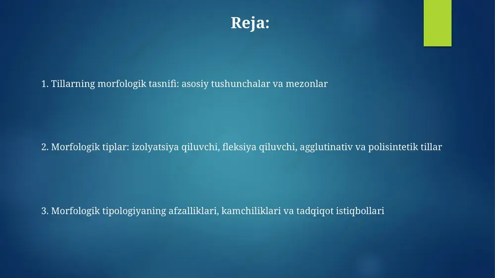 di, jumladan, so'z tartibi va kelishuv qoidalari (masalan, 3 ta kelishuv holati). morfologik tipologiyada tadqiqot istiqbollari morfologik tipologiya va sun'iy intellekt integratsiyasi orqali tillarning grammatik tuzilishini avtomatik tahlil qilishda 95% aniqlikka erishish imkoniyatlari o'rganilmoqda. morfologik tipologiyaning dialektologiya bilan integratsiyasi 700 ga yaqin dialektning morfologik xususiyatlarini aniqlash va klassifikatsiya qilishda yangi imkoniyatlar ochmoqda. e'tiboringiz uchun rahmat image6.jpg image7.jpg image8.jpg image9.jpg image10.jpg image2.png image3.png image4.png image5.png