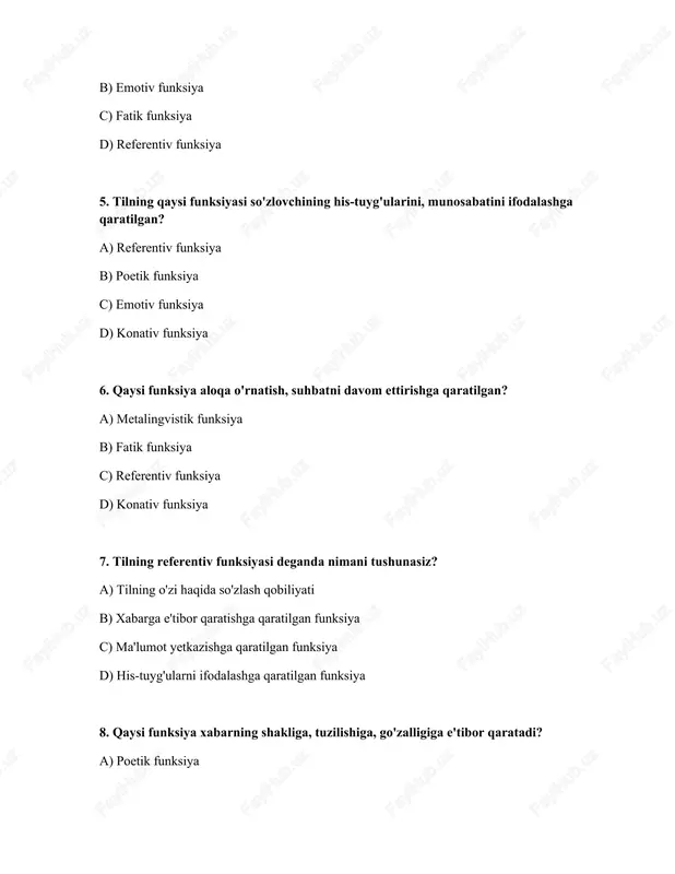 b) emotiv c) metalingvistik d) konativ 12. tilning ijtimoiy mohiyati nimada aks etadi? a) fikrlash vositasi sifatida b) madaniy meros sifatida c) estetik hodisa sifatida d) muloqot vositasi sifatida 13. til qanday qilib ijtimoiy guruhlar o'rtasida farqlarni ifodalashi mumkin? a) grammatika orqali b) tovushlar orqali c) leksika orqali d) uslub va jargon orqali 14. r.o. yakobson til funksiyalari konsepsiyasiga ko'ra tilning asosiy maqsadi nima? a) ma'lumotni kodlash, yetkazish b) estetik zavq berish c) hukmni bildirish d) ijtimoiy guruh kimligini yaratish 15. tilning qaysi ijtimoiy funksiyasi jamiyatning madaniy merosini saqlash va avloddan avlodga yetkazishga yordam beradi? a) kommunikativ funksiya b) akkumulyativ funksiya c) metalingvistik funksiya d) ekspressiv funksiya javoblar: № javoblar 1 a 2 b 3 d 4 a 5 c 6 b 7 c 8 a 9 a 10 a 11 a 12 d 13 d 14 a 15 b