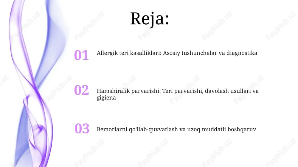 'sir etib, butun tanadagi allergik alomatlarni kamaytiradi. bemorlarni o'qitish va psixologik qo'llab-quvvatlash bemorlarga allergik teri kasalliklarining psixologik ta'siri, jumladan, uyqu buzilishi, 25% gacha depressiya va 40% gacha tashvish bilan kurashish usullarini o'rgating. bemorlarni atopik dermatit yoki ekzema kabi allergik teri kasalliklari haqida o'rgating, ularga 1-toifali allergik reaktsiyalar va qichishish siklini tushuntiring. komplikatsiyalarning oldini olish va dori vositalarini qo'llash komplikatsiyalarni oldini olish uchun teri infeksiyalarini erta aniqlash va davolash muhim, antibiotiklarni shifokor ko'rsatmasiga binoan qo'llash va rezistentlikni oldini olish kerak. dori vositalarini qo'llashda dozalash va qo'llash usuliga qat'iy rioya qilish, kortikosteroidlarni uzoq muddat qo'llashda nojo'ya ta'sirlarni kuzatish va oldini olish lozim. oziq-ovqat allergiyalari, atrof-muhitni nazorat qilish va prognoz oziq-ovqat allergiyalari bilan og'rigan bemorlar uchun allergenlarni aniqlash va ulardan qat'iy ravishda voz kechish juda muhim, shuningdek, ingredientlar ro'yxatini diqqat bilan o'qish zarur. atrof-muhitni nazorat qilish chang oqadilariga, mog'orlarga va hayvonlarning qazg'oqlariga ta'sirni kamaytirishni o'z ichiga oladi, bunda muntazam tozalash va filtrlardan foydalanish …