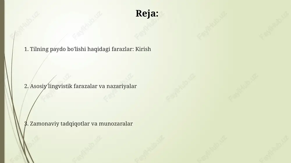 sal grammatikasi, masalan, chuqur sintaksis, ilohiy dizaynning natijasi ekanligini ta'kidlaydi, bu esa tabiiy tanlanishni inkor etadi. tabiiy tovushlar nazariyasi (bow-wow) “bow-wow” nazariyasi, tovush taqlidiga asoslanadi, ilk so'zlar hayvonlarning (masalan, itning “bow-wow”i) yoki boshqa tabiiy hodisalarning takroriy ovozlaridan kelib chiqqan, degan farazni ilgari suradi. ushbu nazariya tilning dastlabki bosqichlarida onomatopeyaning (tovushga taqlid) muhim rol o'ynaganini ta'kidlaydi. lekin 100 foiz aniq emas, chunki ko'p so'zlar bunday aniq tovushga ega emas. “bow-wow” nazariyasi 19-asrda keng tarqalgan edi, lekin uning tanqidi shundan iboratki, onomatopeya so'zlari tillarning lug'at boyligining juda kichik qismini tashkil etadi, taxminan atigi 1 foiz. interjektsiya nazariyasi (pooh-pooh) ushbu nazariya 18-asrda keng tarqalgan edi va tilning evolyutsiyasida emotsional tovushlarning ahamiyatini ta'kidlaydi, garchi u tildagi murakkab grammatik tuzilmalarni tushuntirishda yetarli emasligi tanqid qilingan. “pooh-pooh” nazariyasi tilning birdan hissiy reaktsiyalar, masalan, og'riqdan “oh!” yoki ajablanishdan “voy!” kabi interjektsiyalardan kelib chiqqanligini taxmin qiladi. “interjektsiya nazariyasi” tilning rivojlanishida dastlabki 5-10 ta so'z aynan his-hayajonga asoslangan tovushlardan …