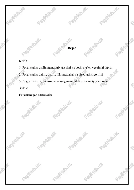 ing optimal ekanligini ko'rsatadi. agar barcha to'ldirilgan kataklar uchun u_i + v_j = c_ij bo'lsa va barcha bo'sh kataklar uchun u_i + v_j ≤ c_ij bo'lsa, u holda yechim optimaldir. agar kamida bitta bo'sh katak uchun u_i + v_j > c_ij bo'lsa, u holda yechimni yaxshilash mumkin. bu holda, bu katak (i, j) yuklanadigan katak sifatida tanlanadi va yechimni yaxshilash uchun sikl quriladi. sikl - bu faqat to'ldirilgan kataklardan iborat bo'lgan va ixtiyoriy katakdan boshlanib, shu katakda tugaydigan yopiq yo'nalishdir. sikl bo'ylab yuklarni qayta taqsimlash orqali umumiy transport xarajatlarini kamaytirishga erishiladi. 📈 potensiallar usulida talab va taklifning muvozanatlashuvi ushbu grafik potensiallar usulida talab va taklif o'rtasidagi muvozanatni ko'rsatadi. har bir nuqta transport xarajatlarini minimallashtirish uchun mos keladi. boshlang'ich yechimni topish usullari: shimoliy-g'arbiy burchak usuli transport masalasini yechish uchun potensiallar usulini qo'llash uchun avval boshlang'ich yechimni topish kerak. boshlang'ich yechim - bu barcha talab va takliflar qanoatlantirilgan, ammo optimal bo'lishi shart …