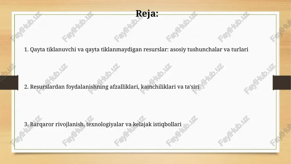 rdan foydalanishning kamchiligi - atrof-muhitga jiddiy zarar yetkazishi, shu jumladan issiqxona gazlari emissiyasi va ifloslanishning ortishi. resurslardan foydalanishning ekologik, iqtisodiy va ijtimoiy ta'siri ekologik ta'sir: qayta tiklanmaydigan resurslarni qazib olish 30% global biom xilma-xillikni yo'qotishga olib keladi, atmosfera ifloslanishi esa 15% nafas olish kasalliklarini keltirib chiqaradi. iqtisodiy ta'sir: qayta tiklanadigan energiya 2030-yilga kelib 42 million ish o'rinlarini yaratishi mumkin, lekin dastlabki investitsiyalar ko'pincha an'anaviy energiya manbalaridan 25% qimmatroq bo'lishi mumkin. barqaror rivojlanish va resurslarni boshqarish barqaror rivojlanish tabiiy resurslardan oqilona foydalanishni talab etadi, jumladan, chiqindilarni kamaytirish va qayta ishlash orqali resurslardan 3r (reduce, reuse, recycle) tamoyili asosida foydalanish. resurslarni boshqarish 2030 yilgacha barqaror rivojlanish maqsadlariga (sdgs) erishishga qaratilgan bo'lib, bu maqsadlar iqtisodiy o'sish, ijtimoiy adolat va ekologik barqarorlikni muvozanatlashtirishni nazarda tutadi. kelajak tendentsiyalari, istiqbollari va amaliy misollar kelajakda qayta tiklanadigan energiya 2050 yilga borib global elektr energiyasining 85% dan ortig'ini ta'minlashi kutilmoqda, bu esa quyosh va shamol texnologiyalarining rivojlanishi bilan …
