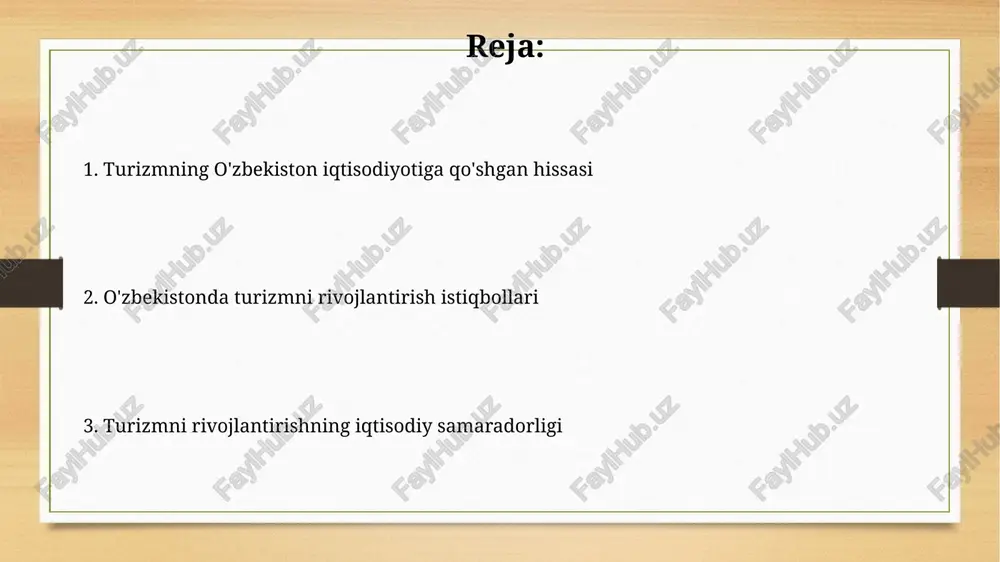 ng iqtisodiy roli mehmonxona biznesi 5-7 foiz daromad keltirib, turizm infratuzilmasini yaxshilashga va xalqaro standartlarga javob berishga undaydi. mehmonxonalarning rivojlanishi yangi ish o'rinlarini yaratadi, xususan, xizmat ko'rsatish sohasida, mehmonlarga 30 mingdan ortiq ish joyi taqdim etiladi. o'zbekistonda ekoturizm va sarguzasht turizmi o'zbekistonda ekoturizm potensiali 20 dan ortiq qo'riqlanadigan hududlarni o'z ichiga oladi, bu yerda noyob flora va faunani kuzatish imkoniyati mavjud. o'zbekistonning tog'li hududlari, masalan, chatqol tog' tizmasi, trekking, alpinizm va chang'i sporti kabi sarguzasht turlari uchun keng imkoniyatlar yaratadi. madaniy meros turizmi va uning iqtisodiy ahamiyati madaniy meros turizmi hunarmandchilik rivojiga turtki beradi, 2023-yilda $10 milliondan ortiq hunarmandchilik mahsulotlari turistlarga sotilgani bunga misol. unesco roʻyxatiga kiritilgan samarqand, buxoro kabi tarixiy shaharlar madaniy turizmning lokomotivlari boʻlib, har yili 2 milliondan ortiq sayyohni jalb etadi. turizmning bandlikka ta'siri turizm sohasida 2023-yilda 400 mingdan ortiq ish o'rinlari yaratildi, bu esa umumiy bandlikning 3 foizini tashkil etadi, ayniqsa, xizmat ko'rsatish sohasida yangi imkoniyatlar …