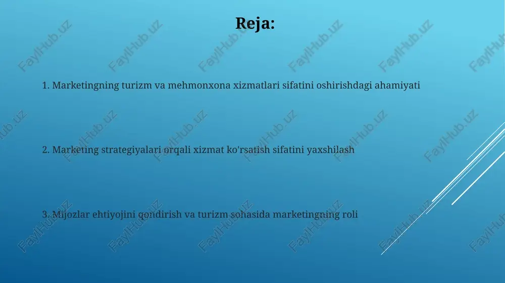 ish, mijozlar ongida aniq bir qiyofa yaratish uchun juda muhim. ijtimoiy tarmoqlarda doimiy ravishda 80/20 qoidasiga amal qilish, 80% qiziqarli kontent va 20% reklama materiallarini joylashtirish brendning ishonchini oshiradi va mijozlar bilan aloqani mustahkamlaydi. raqobatchilar tahlili va bozor segmentatsiyasi raqobatchilar tahlili 80/20 qoidasiga asoslanadi, unda bozorda 20% raqobatchilar 80% daromadni qo'lga kiritadi, marketing strategiyalarini moslashtirish uchun ularni aniqlash muhimdir. bozor segmentatsiyasi geografik, demografik, psixografik va xatti-harakatlarga asoslanadi, bu turizm korxonalariga maqsadli marketing kampaniyalarini yaratishga yordam beradi. marketing tadqiqotlarining ahamiyati marketing tadqiqotlari turistlar segmentlarini aniqlashda muhim, 65% samaradorlikka erishishga yordam beradi va xizmatlarni moslashtirish uchun asos bo'ladi. raqobatchilar tahlili orqali marketing tadqiqotlari bozor ulushini 20% gacha oshirish imkonini beradi, strategiyalarni yaxshilash orqali ustunlikni ta'minlaydi. marketing strategiyalari va taktikalar content marketing, like blog posts or videos, boosts organic search by 25% using seo for targeted customer engagement. influencer marketing uses credible personalities, engaging 10-20% of their followers for authentic hotel/service promotion. onlayn …