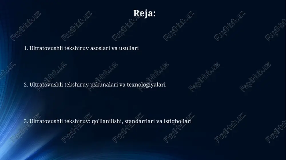 fzalliklari, kamchiliklari va qo'llanilish sohalari ultratovushli tekshirishning afzalligi - bu 0.1 mm gacha bo'lgan kichik nuqsonlarni aniqlash imkoniyati, lekin sirt qo'polligi va materialning donadorligi natijalarga ta'sir qilishi mumkin. aerokosmikada ultratovushli tekshirish kompozit materiallar qatlamlaridagi delaminatsiyalarni aniqlash uchun qo'llaniladi, biroq murakkab shakllar uchun tekshirish qiyin bo'lishi mumkin. zamonaviy texnologiyalar va standartlar phased array ultratovush (paut) texnologiyasi ko'p elementli zondlardan foydalanib, nur shakllantirish orqali turli burchaklarda tekshirish imkonini beradi, bu esa nuqsonlarni aniqlash ehtimolini oshiradi. vaqt-domenga diffraksiya (tofd) ultratovush usuli yoriqlarning uchlaridan difraksiya to'lqinlarini aniqlaydi va yuqori aniqlikdagi o'lchamlarni ta'minlaydi, ayniqsa qalinlik 10 mm dan katta materiallarda. muammolar, yechimlar va kelajak istiqbollari muammo: qo'lda tekshirishda aniqlikning pastligi, yechim: phased array kabi avtomatlashtirilgan usullarni joriy etish, bu tekshirishda 3d tasvirlarni olish va xatolik ehtimolini kamaytirish imkonini beradi. muammo: materialning donadorligi ultratovush signallarini tarqatib yuborishi, yechim: adaptiv ultratovush spektrini o'rganish usuli orqali signal shovqin nisbatini 5 dbga oshirish va aniqlikni yaxshilash. e'tiboringiz uchun rahmat …