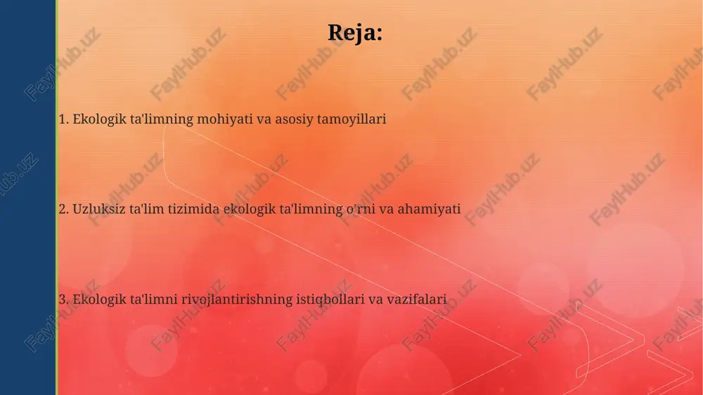 amaliyotlarni qabul qilishga imkon beradi. o'qitish usullari, vositalari va baholash o'qitish usullari 360 gradusli baholashni, loyihaga asoslangan ta'limni, interaktiv simulyatsiyalarni va 5e modelini (engage, explore, explain, elaborate, evaluate) o'z ichiga oladi. ekologik ta'lim vositalari gis dasturlari, 3d modellar, mobil ilovalar, vr (virtual reality) va ar (augmented reality) texnologiyalarini qamrab oladi, 21-asr ko'nikmalarini rivojlantiradi. baholash usullari o'z-o'zini baholash rubrikalarini, portfoliolarni, ijodiy loyihalarni (masalan, 10 sahifalik ekologik risolalar) va o'quvchilar tomonidan o'tkazilgan taqdimotlarni o'z ichiga oladi. muammolar, qiyinchiliklar va yechimlar jamiyatning ekologik muammolarga befarqligi va shaxsiy javobgarlikning pastligi ekologik ta'limning 70% samaradorligini yo'qotishga olib kelishi mumkin. ekologik ta'limning yetarli darajada moliyalashtirilmasligi va malakali o'qituvchilar yetishmasligi sababli, uni uzluksiz ta'limga integratsiyalash 100% muvaffaqiyatga olib kelmaydi. rasmiy, norasmiy va informatsion ta'lim muassasalari o'rtasida hamkorlikning yo'qligi 25% miqdorida takroriylikka va resurslarning isrof qilinishiga olib keladi. muvaffaqiyatli amaliyotlar va kelajak istiqbollari sun'iy intellekt va virtual reallikdan foydalanish 2025 yilgacha atrof-muhitni o'rganishning interaktiv usullarini rivojlantirib, ta'lim samaradorligini …