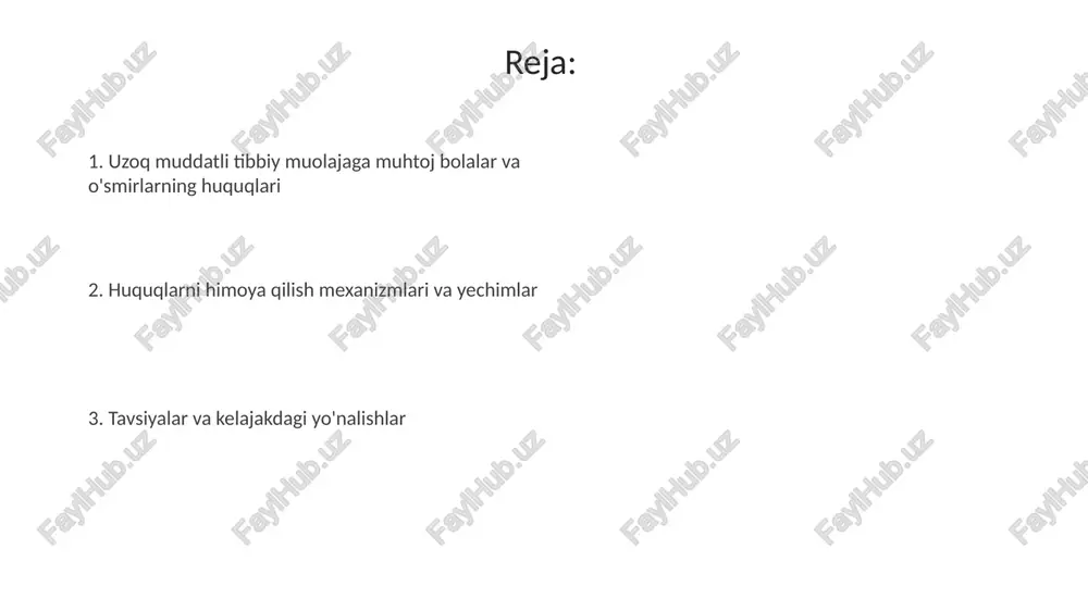 voliga moslashtirilgan holda 24/7 mavjud bo'lishi lozim. bolalar tibbiy qarorlar qabul qilishda o'z fikrlarini bildirish huquqiga ega, bu jarayon 16 yoshdan boshlab mustaqil amalga oshirilishi mumkin. uzoq muddatli davolanishga muhtoj bolalar ta'lim olishda 12 yillik majburiy ta'limni qamrab oluvchi inklyuziv ta'lim dasturlaridan foydalanishi kerak. e'tiboringiz uchun rahmat @taqdimot_robot image3.png image1.jpeg image2.jpeg