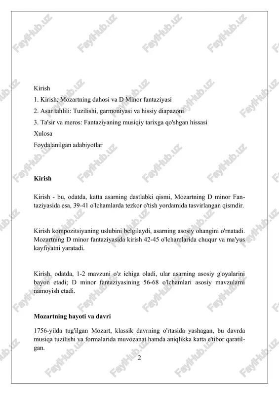 antaziya janri fantaziya janri 16-asrda paydo bo'lgan, ko'pincha improvizatsiya va erkin shaklga asoslangan, qat'iy tuzilmalar yo'qligi bilan ajralib turadi. fantaziya janri 18-asrda yanada rivojlanib, turli xil kayfiyatlar va tematik elementlarni birlashtirgan murakkab asarlarni o'z ichiga oldi. ba'zi fantaziyalar, masalan, mozartning d minor fantaziyasi, 7 daqiqadan ortiq davom etadi va bir nechta aniq bo'limlarni o'z ichiga olishi mumkin. asarning yaratilish tarixi fantaziya 1782-yilda yaratilgan deb hisoblanadi, mozart venada yashagan davrda, uning musiqiy uslubi chuqurlasha boshlagan, bu kompozitsiyaga ta'sir ko'rsatgan. asar d minor tonalligida bo'lib, mozartning hayotidagi melankolik kayfiyatni aks ettiradi, bu 1780-yillarning boshidagi shaxsiy va professional qiyinchiliklar bilan bog'liq bo'lishi mumkin. fantaziya tugallanmagan bo'lishi mumkin, ba'zi olimlar bu asar mozartning to'liq yakunlanmagan ijodiy fikrlaridan biri ekanligini taxmin qilishadi, shu sababli u g'ayrioddiy tuyuladi. musiqiy tahlil: tuzilishi fantaziyaning tuzilishi ko'pincha bo'limlar orasida aniq tanaffuslar bilan ajratilgan qismlarning qatoridan iborat bo'lib, ular kontrastli temp va kayfiyatlarni o'z ichiga oladi. asarda bir nechta mavzular …