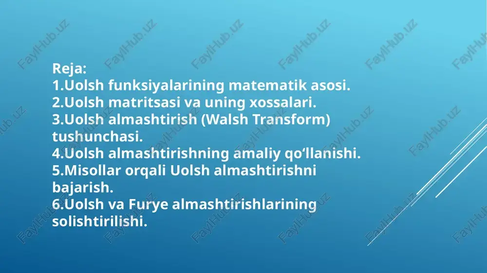 ligini bildiradi. uolsh matritsasi va uning xossalari uolsh matritsasi — hadamard matritsasining o‘ziga xos tartiblangan shakli. u wnw_nwn​ bilan belgilanadi va quyidagi asosiy xossalarga ega: ortogonal xossa: wnwnt=ninw_n w_n^t = n i_nwn​wnt​=nin​ bu yerda ini_nin​ — birlik matritsa. o‘zining teskari matritsasi mavjud: wn−1=1nwntw_n^{-1} = \frac{1}{n} w_n^twn−1​=n1​wnt​ elementlari ±1 dan iborat. qo‘llanishi: tasvirlarni siqish, kodlash, filtratsiya va raqamli signal tahlilida keng ishlatiladi. uolsh almashtirish tushunchasi uolsh almashtirish (walsh transform) — bu signalni uolsh funksiyalari bazisida ifodalash jarayoni. agar bizda nnn ta diskret signal qiymatlari x=[x0,x1,...,xn−1]x = [x_0, x_1, ..., x_{n-1}]x=[x0​,x1​,...,xn−1​] bo‘lsa, u holda uolsh almashtirish quyidagicha aniqlanadi: x=wnxx = w_n xx=wn​x ya’ni, xk=∑n=0n−1xn⋅wknx_k = \sum_{n=0}^{n-1} x_n \cdot w_{kn}xk​=n=0∑n−1​xn​⋅wkn​ bu yerda wknw_{kn}wkn​ — uolsh matritsasining elementlari (±1 qiymatlar). teskari almashtirish esa: x=1nwnxx = \frac{1}{n} w_n xx=n1​wn​x bu formulalar orqali signalning vaqt sohasidagi qiymatlaridan chastota yoki sekans sohasiga o‘tish mumkin. uolsh almashtirishning amaliy qo‘llanishi uolsh almashtirishlar furye almashtirishlariga nisbatan tezroq hisoblanadi, chunki sinus …