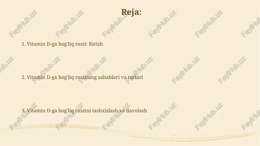 raydi, bu geografik hududga bog'liqdir. kamdan-kam uchraydigan metabolik kasallik sifatida, vitamin d ga bog'liq raxit ko'proq konsanguin nikohlar (qon-qarindoshlar o'rtasidagi nikohlar) keng tarqalgan populyatsiyalarda kuzatiladi. belgilari va alomatlari suyak og'rig'i, ayniqsa oyoqlarda, vitamin d yetishmovchiligi tufayli suyaklarning mineralizatsiyasi buzilgani sababli paydo bo'ladi va bolaning yurishiga ta'sir qilishi mumkin. tishlarning kechikib chiqishi va emalning defektlari kuzatiladi, chunki vitamin d kaltsiy va fosforning so'rilishida muhim rol o'ynaydi, bu tishlarning shakllanishi uchun zarur. diagnostika vitamin d-ga bogʻliq raxitni tashxislashda qon zardobidagi 25-gidroksivitamin d darajasini oʻlchash muhim, chunki u d vitaminining umumiy holatini aks ettiradi, lekin genetik nuqsonni aniqlamaydi. fosfor va ishqoriy fosfataza darajalarini baholash suyak metabolizmining anormalliklarini koʻrsatadi; past fosfor va yuqori ishqoriy fosfataza faolligi raxitni tashxislash uchun muhim koʻrsatkichlardir. differentsial diagnostika vitamin d-ga bog'liq raxitni buyrak kasalliklaridan ajratish muhim, bunda 1-alfa-gidroksilaza fermenti yetishmovchiligi tufayli 1,25-dihidroksivitamin d3 sintezining buzilishi kuzatiladi. farqlash uchun gipofosfatemik raxitni inobatga olish kerak, bu erda buyrak naychalarining fosfatni qayta …