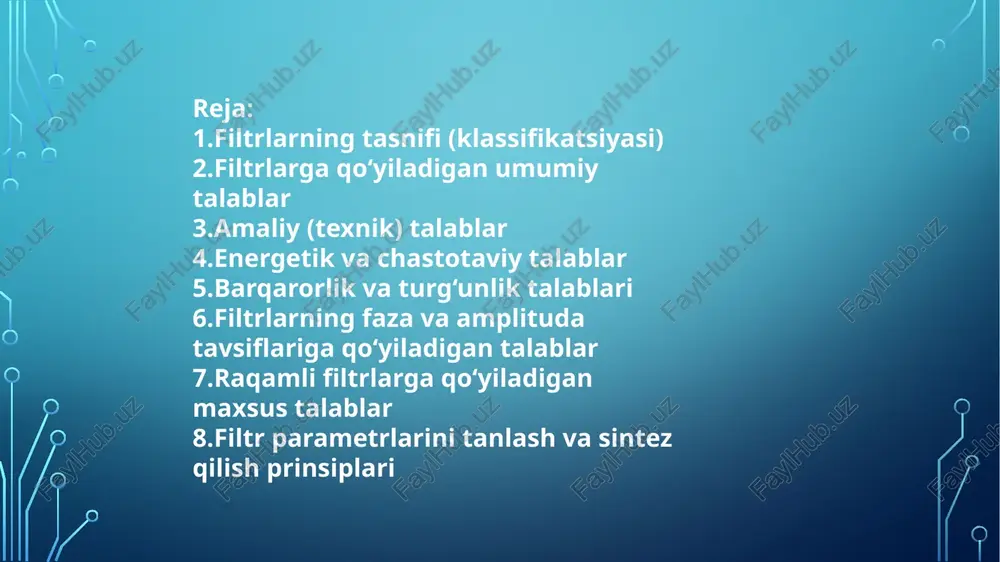 hastota diapazonida signallarni minimal yo‘qotish bilan o‘tkazishi, tashqaridagi chastotalarni esa samarali ravishda bostirishi lozim. signal shaklini buzmaslik. filtr signalning asosiy faza va amplituda xususiyatlarini saqlab qolishi kerak. turg‘unlik (barqarorlik). filtr ishlash davomida o‘z parametrlarini o‘zgartirmasligi, tashqi omillarga (harorat, yuklama, kuchlanish) nisbatan bardoshli bo‘lishi kerak. minimal energiya sarfi. ayniqsa, raqamli tizimlarda filtrning energiya samaradorligi katta ahamiyatga ega. qurilma o‘lchami va narxning maqbulligi. amaliy jihatdan filtrlar ixcham, arzon va oson ishlab chiqariladigan bo‘lishi lozim. amaliy (texnik) talablar filtrlarni loyihalashda quyidagi texnik talablar hisobga olinadi: amplituda-chastota tavsifi (acht) — o‘tkazish polosasi (passband) ichida kuchaytirish darajasi deyarli o‘zgarmas bo‘lishi kerak. to‘suvchi polosadagi susaytirish (attenuation) — filtr kerakli darajada yuqori bo‘lishi kerak, odatda 40–100 db gacha. o‘tkazish polosasi kengligi — maqsadli signal chastotasi bilan mos bo‘lishi kerak. o‘tish zonasining tikligi — filtrning chastotaviy o‘tish qismi iloji boricha tik bo‘lishi lozim, bu esa ajratish qobiliyatini oshiradi. chiziqlilik — chiqish signali kirish signaliga chiziqli bog‘langan bo‘lishi kerak. …