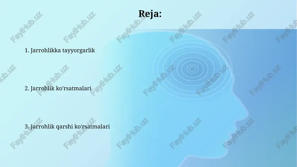 gan foydalar va 5% asoratlar xavfi haqida batafsil ma'lumot berilishi kerak. rozilik olishda bemorga muqobil davolash usullari, masalan, fizioterapiya yoki dori-darmonlar, ularning samaradorligi va 1-2% nojo'ya ta'sirlari haqida tushuntirish lozim. operatsiyadan oldingi dori-darmonlar va operatsiya kuni tayyorgarligi operatsiyadan oldin beriladigan dorilar, masalan, benzodiazepinlar xavotirni kamaytirishi mumkin. antikolinergiklar sekretlarni kamaytiradi, bu esa aspiratsiya xavfini minimallashtiradi va natijada operatsiyaning muvaffaqiyatini oshiradi. operatsiya kuni tayyorgarligiga tana a'zolarini (soch, tirnoq) tozalash va operatsiya joyini antiseptik eritma bilan tozalash kiradi. bu infeksiya xavfini kamaytiradi va asoratlarni oldini oladi. jarrohlik ko'rsatmalarining turlari: absolut va nisbiy absolut ko'rsatmalar hayotni saqlab qolish uchun favqulodda operatsiyani talab qiladi, masalan, o'tkir appenditsit yoki qon ketishiga olib keladigan jarohatlar, 100% shifo imkoniyati mavjud. nisbiy ko'rsatmalar bemorning hayotiga bevosita xavf tug'dirmaydi, lekin hayot sifatini yaxshilash uchun zarurdir, masalan, surunkali og'riqni bartaraf etish yoki 80% yaxshilanish kutilmoqda. jarrohlik qarshi ko'rsatmalarining turlari: absolut va nisbiy mutlaq qarshi ko'rsatmalar operatsiyani har qanday holatda ham xavfli …