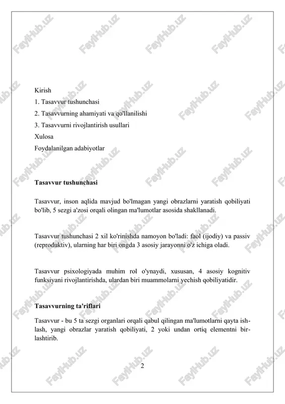 yati bo'lib, 1 daqiqada xayollar, tushlar va fantaziyalar paydo bo'lishiga olib keladi; bu 4 asosiy guruhga bo'linadi. reproduktiv tasavvur, ilgari qabul qilingan tajribani 100% tiklashga qaratilgan, masalan, 5 yil oldingi voqeani vizualizatsiya qilish, haqiqiy xotiralarni qayta tiklash. tasavvur va ijodkorlik tasavvur va ijodkorlik o'zaro bog'liq bo'lib, insonning yangi g'oyalar yaratish qobiliyatini 100 foizga oshiradi, bu esa innovatsion yechimlar topishga yordam beradi. tasavvur 3 xil ko'rinishda namoyon bo'ladi: reproduktiv (xotiradan), ijodiy (yangi obrazlar) va orzu (kelajakka yo'naltirilgan), ijodkorlik esa ularni amaliyotga tatbiq etishdir. tasavvur va ijodkorlikning rivojlanishi uchun 5 ta asosiy element muhim: kuzatuvchanlik, bilim, erkin fikrlash, tajriba o'tkazish va 100% ichki motivatsiya. tasavvur va innovatsiya tasavvur, 1-darajali kognitiv qobiliyat sifatida, innovatsiyaning asosiy katalizatoridir, yangi g'oyalarni 0 dan yaratish va mavjudlarni qayta ko'rib chiqish orqali. innovatsiya, 2-bosqichda, tasavvurning amaliy natijasidir, real muammolarni hal qilish uchun yangi mahsulotlar, xizmatlar yoki jarayonlarni 1 dan ishlab chiqishga qaratilgan. tasavvur va innovatsiya, 3-darajali dinamik aloqada, …