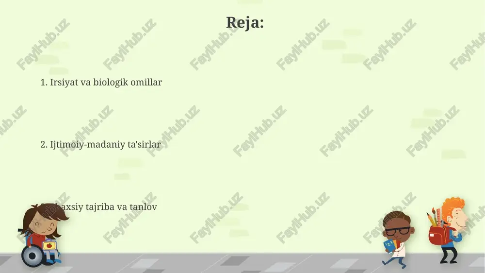 arakatlarga (chekish, ichkilikbozlik) ta'sir qilishi mumkin. shaxsiy tajriba va hayotiy voqealar bolalikdagi erta tajribalar, xususan, 0-5 yosh oralig'ida, miyaning rivojlanishiga va shaxsning shakllanishiga ta'sir etuvchi neyron aloqalarning yo'nalishiga katta ta'sir ko'rsatadi. oila a'zolarining o'limi yoki jiddiy kasalligi kabi hayotiy voqealar shaxsning bardoshliligini, qayg'uga munosabatini va 10 dan ortiq yillar davomida dunyoqarashini tubdan o'zgartirishi mumkin. ommaviy axborot vositalari va texnologiyalar ta’siri ijtimoiy tarmoqlar orqali doimiy ma'lumot olish, ayniqsa 13-18 yoshdagi o'smirlarning dunyoqarashini shakllantirishda muhim rol o'ynaydi va ularning qadriyatlarini belgilaydi. televidenie va kinofilmlar, ayniqsa erta yoshdagi bolalarning xulq-atvoriga ta'sir qilishi mumkin, chunki ular namuna sifatida 60 daqiqalik ko'rsatuvlardagi xatti-harakatlarni takrorlashi mumkin. e'tiboringiz uchun rahmat image6.jpg image7.jpg image8.jpg image9.jpg image10.jpg image11.jpg image12.jpg image1.png