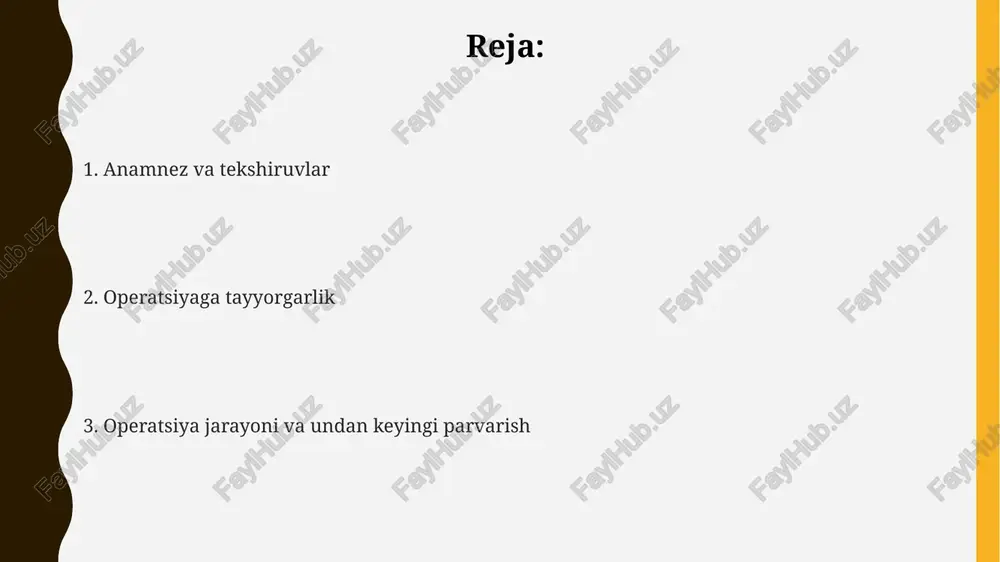 funktsiyasini yaxshilashni o'z ichiga oladi. kundalik 30 daqiqalik nafas olish mashqlari operatsiyadan keyingi asoratlarni kamaytirishi mumkin. ichak va teri tayyorlash ichakni tayyorlash uchun operatsiyadan oldin 24-72 soat davomida tolalar miqdori kam bo'lgan dieta buyuriladi, shuningdek, ichni yumshatuvchi vositalar yoki klizmalar yordamida ichak bo'shatiladi. teri tayyorlash operatsiya qilinadigan sohani dezinfektsiyalovchi eritma bilan tozalashni o'z ichiga oladi, odatda operatsiya kunida sochlar olib tashlanadi, lekin terining shikastlanishini oldini olish uchun operatsiya xonasida amalga oshirilishi mumkin. teri tayyorlashda terining mikrob florasini kamaytirish uchun antiseptik eritmalar, masalan, 2% xlorheksidin yoki 10% povidon-iod, ishlatiladi. bu operatsiyadan keyingi infeksiya xavfini kamaytiradi. operatsiya oldidan dori-darmonlar va rejim operatsiyadan oldingi kechasi bemorlarga tinchlantiruvchi dorilar (masalan, 5-10 mg diazepam) berilishi mumkin, bu bemorning psixologik holatini yaxshilashga va xavotirni kamaytirishga yordam beradi. operatsiya oldidan antikoagulyantlar, masalan, varfarin yoki aspirin, qon ketish xavfini kamaytirish uchun 5-7 kun oldin to'xtatilishi mumkin; bu qon ivish parametrlarini normallashtirish uchun zarur. operatsiya oldidan 6-8 soat davomida …