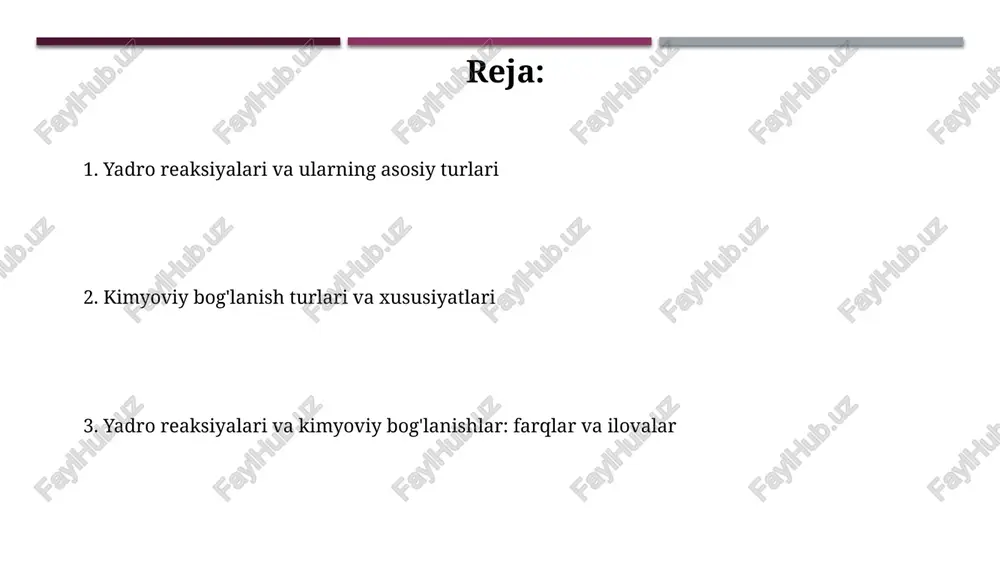 ni o'z ichiga oladi, ularning energiya diapazoni odatda 0.4 dan 4 kj/mol gacha yetadi. bog'lanish energiyasi va uzunligi bog'lanish energiyasi molekulani alohida atomlarga ajratish uchun zarur bo'lgan energiyani ifodalaydi, odatda kj/mol da o'lchanadi; yuqori qiymat kuchliroq bog'lanishni ko'rsatadi. bog'lanish uzunligi atomlar yadrolari orasidagi o'rtacha masofadir, odatda pikometr (pm) yoki angstrom (å) da o'lchanadi; qisqaroq uzunlik kuchliroq bog'lanishga ishora qiladi. yadro reaksiyalari va kimyoviy bog'lanishlar o'rtasidagi farqlar yadro reaksiyalari atom yadrolarini o'zgartiradi, kimyoviy bog'lanishlar esa elektronlarni qayta tashkil qiladi. yadro reaksiyalarida energiya o'zgarishlari 10^6 ev atrofida, kimyoviy bog'lanishlarda esa 1-10 ev atrofida bo'ladi. kimyoviy bog'lanishlar molekulalar hosil qiladi, yadro reaksiyalari esa yangi elementlar izotoplarini yaratadi. yadro reaksiyalari uchun yuqori energiya talab etiladi, masalan, 1 mev dan ortiq. yadro reaksiyalarining amaliyotda qo'llanilishi: tibbiyot, energetika, materialshunoslik yadro tibbiyotida radioaktiv izotoplar diagnostika uchun ishlatiladi, masalan, technetium-99m, u turli organlarni tasvirlashda muhim rol o'ynaydi va 80% tibbiy ko'riklarida qo'llaniladi. yadro energetikasida uran-235 kabi elementlarning yadroviy …