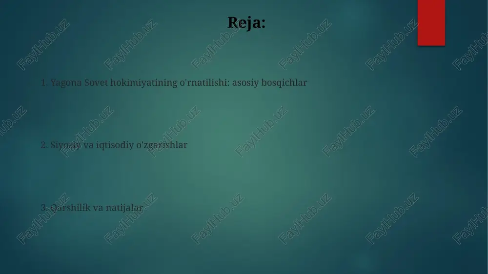 britaniya imperiyasi o'rta osiyoga ta'sir o'tkazishga harakat qildi, xususan, 1918-yilda ashxobodda qisqa muddatli hukumat tuzishga yordam berdi, ammo muvaffaqiyatga erishmadi. qizil terror va siyosiy muxolifatning bostirilishi qizil terror davrida, 1937-1938 yillarda, markaziy osiyoda, jumladan o'zbekistonda, millatchilikda ayblangan ziyolilarning qatl etilishi avj oldi, bu siyosiy muxolifatning bostirilishiga olib keldi. 1920-yillarda, turkiston muxtoriyati tugatilgandan so'ng, milliy ozodlik harakatlari qizil armiya tomonidan shafqatsizlarcha bostirildi, bu siyosiy muxolifatning yo'q qilinishiga sabab bo'ldi. yangi iqtisodiy siyosat (yangi iqtisodiy siyosat) va uning roli yangi iqtisodiy siyosat (yangi iqtisodiy siyosat) 1921-yilda joriy etilgan bo'lib, davlat korxonalari uchun qat'iy kvotalar o'rniga bozor tamoyillari va xususiy savdoni yo'lga qo'yishni nazarda tutgan. nep, ayniqsa qishloq xo'jaligida mahsulot solig'ini belgilab, dehqonlarga ortiqcha mahsulotni sotish huquqini berdi, bu esa 1920-yillardagi oziq-ovqat taqchilligini kamaytirishga yordam berdi. sssrning tashkil etilishi: sovet respublikalarining birlashuvi 1922-yil 30-dekabrda rsfsr, ukraina ssr, belorussiya ssr va zakavkazye sfsr o'rtasida sssrni tuzish to'g'risidagi shartnoma imzolandi, bu davlat qurilishining muhim bosqichi …