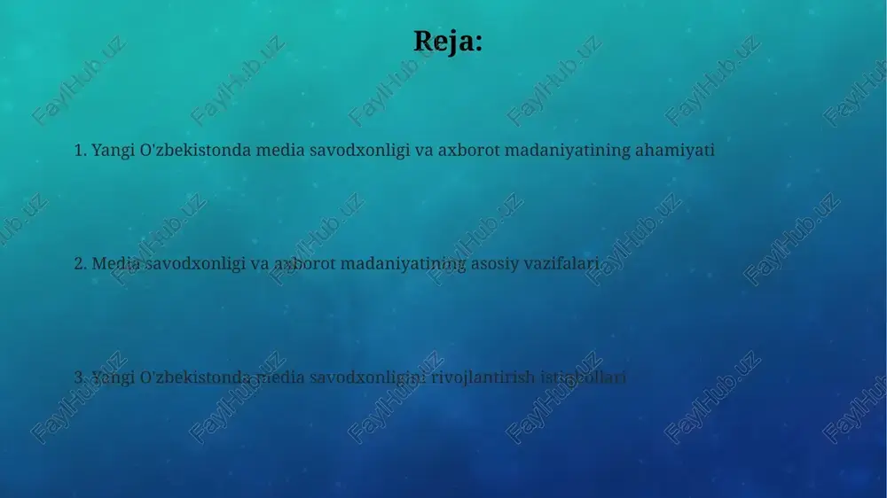 a chekka hududlarda, internetdan xavfsiz foydalanish va tanqidiy fikrlash ko'nikmalarini o'zlashtiradilar. 2023-2026-yillarda “axborot xavfsizligini taʼminlash” konsepsiyasi doirasida, aholining 75% dan ortigʻi media savodxonligi boʻyicha oʻqitiladi, bu dezinformatsiyaga qarshi kurashishda muhim. raqamli iqtisodiyotning rivojlanishi bilan, 2025-yilgacha 500 dan ortiq davlat xizmatchilari va jurnalistlar axborot madaniyati va faktlarni tekshirish boʻyicha maxsus treninglardan oʻtadilar. e'tiboringiz uchun rahmat @taqdimot_robot image4.png image2.png