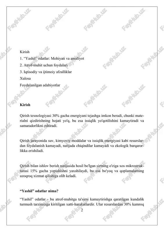 ir. energiyani tejash odatlari energiyani tejash uchun led lampalardan foydalanish 75% gacha energiya sarfini kamaytiradi va ularning ishlash muddati 25000 soatdan oshadi, bu esa uzoq muddatli iqtisodiy tejamkorlikni ta'minlaydi. uyda elektr jihozlarini ishlatmaganda o'chirish orqali yillik energiya sarfini 5-10% ga kamaytirish mumkin, bu esa issiqxona gazlarining chiqindilarini kamaytirishga yordam beradi. quyosh panellari orqali elektr energiyasi ishlab chiqarish 20 yildan ortiq vaqt davomida barqaror energiya manbai bo'lib xizmat qiladi va atrof-muhitga ta'sirni sezilarli darajada kamaytiradi. suvni tejash usullari dush qabul qilish vaqtini qisqartiring: 5 daqiqagacha kamaytirish orqali har bir kishi uchun 12 litrgacha suv tejashingiz mumkin, bu esa bir oilada sezilarli farq qiladi. kir yuvish mashinasini to'liq yuklang: har bir to'liq bo'lmagan yuvish sikli uchun 30-50 litr suv isrof bo'ladi, shuning uchun imkon qadar ko'proq kiyim bilan yuklash juda muhim. tomchilatib turgan jo'mrakni tuzating: bir tomchilatib turgan jo'mrak bir kunda 20 litrgacha suvni behuda sarflashi mumkin, uni tuzatish juda oddiy va …