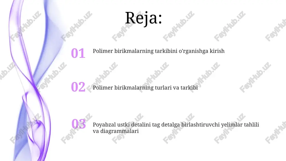 r tuzilishni aniqlash uchun ishlatiladigan kuchli usuldir. masalan, 13c-nmr monomer birliklarining kimyoviy tuzilishini va polimerdagi har bir turdagi yadro nisbatlarini aniqlashga yordam beradi. spektroskopik usullar (ftir, uv-vis, nmr) uv-vis spektroskopiyasi polimerlardagi xromoforlar (masalan, qo'sh aloqalar) tomonidan 200-800 nm oralig'idagi ultrabinafsha va ko'rinadigan nurni yutilishini o'lchaydi va konsentratsiyani aniqlaydi. ftir (fur'e transformatsiyalangan infraqizil spektroskopiya) polimerlarda 4000-400 sm-1 oraliqdagi tebranish rejimlarini aniqlash orqali funksional guruhlarni identifikatsiya qilish uchun ishlatiladi. xromatografik usullar (gc, hplc) gaz xromatografiyasi (gc) yuqori uchuvchanlikdagi polimer birikmalarini ajratish va aniqlash uchun ideal bo'lib, inert gaz tashuvchi va 30 °c dan 300 °c gacha bo'lgan harorat gradyanidan foydalanadi. yuqori samarali suyuqlik xromatografiyasi (hplc) polimerlarni molekulyar og'irligi yoki kimyoviy xususiyatlariga qarab ajratish uchun ishlatiladi, mobil fazani 0.1 ml/min dan 5 ml/min gacha sozlash orqali. mass-spektrometriya mass-spektrometriya molekulyar og'irlikni aniqlash uchun ishlatiladi, polimer fragmentlarini ionlashtirib, ularning massa-zaryad nisbatini o'lchaydi. bu usul oligomer tuzilishini aniqlashda muhim rol o'ynaydi. polimerlar tarkibini o'rganishda mass-spektrometriya 10^3 …