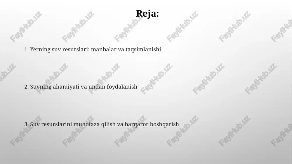 qiladi. muzliklar va qor qoplami muzliklar yer yuzasining taxminan 10% qismini egallaydi va dunyo chuchuk suv zaxiralarining 69% ni o'z ichiga oladi, ularning erishi global dengiz sathining ko'tarilishiga olib keladi. qor qoplami, ayniqsa tog'li hududlarda, suv ta'minotining muhim manbai hisoblanadi, chunki u bahorda eriydi va daryolar oqimini 70-80% gacha oshiradi. suvning taqsimlanishi yer yuzasining 97% dan ortig'i okeanlar va dengizlarda to'plangan bo'lib, bu suvning katta qismi sho'r bo'lganligi sababli ichimlik suv manbai sifatida foydalanish uchun yaroqsizdir. yerning umumiy chuchuk suv resurslarining qariyb 68.7% muzliklar va doimiy muzliklarda saqlanadi; antarktida va grenlandiya kabi joylarda ulkan muz massalari chuchuk suv zahiralarining asosiy qismidir. suv iste'moli qishloq xo'jaligi global suv iste'molining taxminan 70 foizini tashkil etadi, bunda sug'orish ekinlar o'sishi uchun zarur bo'lib, bu suv resurslariga katta bosim o'tkazadi. sanoat, jumladan, ishlab chiqarish va energiya ishlab chiqarish, umumiy suv iste'molining 22 foizini tashkil etadi, sovutish va qayta ishlash uchun katta miqdorda suv talab …