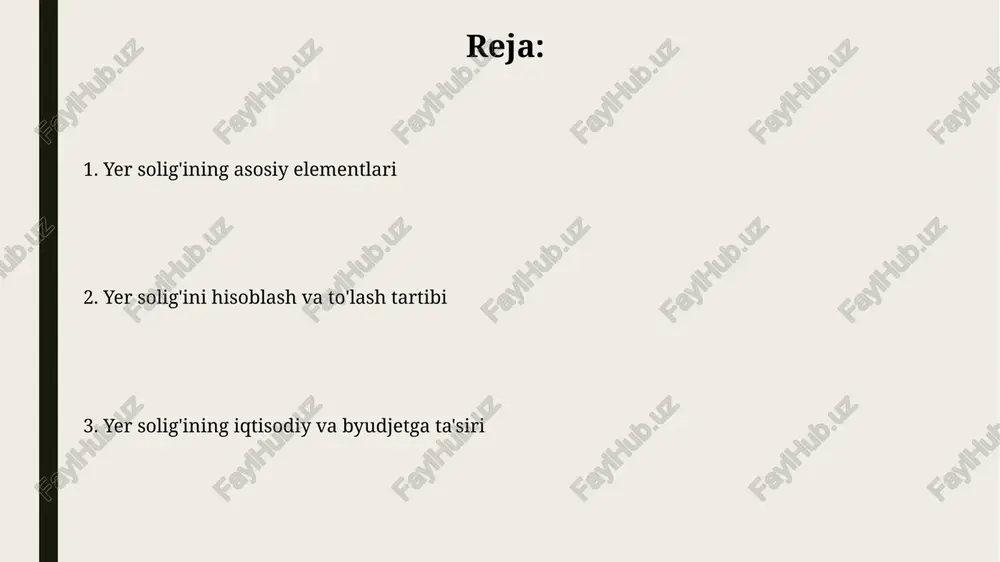 ganlari tomonidan ko'rib chiqiladi; qarorlardan norozi bo'lganlar 30 kun ichida yuqori organga shikoyat qilishlari mumkin. agar soliq organining qarori qoniqarsiz bo'lsa, nizoni hal qilish uchun iqtisodiy sudga da'vo arizasi berish mumkin, da'vo muddati qaror qabul qilingan kundan boshlab 3 oydan oshmasligi kerak. yer solig'i qonunchiligi va yer kadastri yer solig'i qonunchiligida yer uchastkalarini baholash mezonlari, jumladan, ularning joylashuvi, unumdorligi va 2024-yilgi kadastr qiymati inobatga olinadi. yer kadastri tizimi har bir yer uchastkasining huquqiy maqomini, chegaralarini va 1 yanvar 2023-yildagi soliq bazasini aniq belgilaydi, bu esa yer solig'ini hisoblashda muhim. yer solig'ini baholash usullari yer solig'ini baholashda daromadni kapitallashtirish usuli qo'llaniladi, bunda yer uchastkasidan olinadigan potentsial daromad 10-15 yillik stavka bo'yicha hisoblanadi va uning bozor qiymati aniqlanadi. yer solig'ini baholashda solishtirma sotuv usuli keng qo'llaniladi. unda o'xshash yer uchastkalarining 3-5 ta bozor narxlari solishtiriladi va o'rtacha qiymat asosida baholanadi. yer solig'ining iqtisodiy va byudjetga ta'siri yer solig'i mahalliy byudjet daromadlarining muhim …