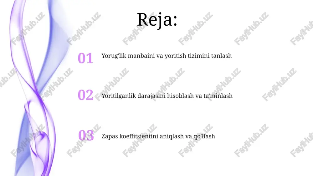 h changlanish faktori (dust depreciation factor - ddf) yoritish moslamalarining tozalik darajasiga bog'liq. ddf 0.7 dan 0.9 gacha baholanadi, toza muhitda yuqori bo'ladi. zaxira koeffitsienti (maintenance factor) yoritish qurilmasining vaqt o'tishi bilan yomonlashuvini hisobga oladi, odatda 0.6 dan 0.8 gacha qiymatni qabul qiladi. amaliy misollar va hisoblashlar ishlab chiqarish maydonini yoritish uchun, 500 lyuks yoritilganlik talab etilsa, 10000 lyumenli lampalar soni va joylashuvi hisoblanadi, xavfsizlik koeffitsienti 1.2 ga teng. ofis xonalari uchun, optimal yoritilganlik 300-500 lyuks oralig'ida bo'lishi kerak. energiya tejamkorligi uchun led lampalardan foydalanish va xavfsizlik koeffitsienti 1.3 bo'lishi kerak. xulosa va tavsiyalar yorug'lik manbasini tanlashda rang berish indeksi (cri) 80 dan yuqori bo'lishi kerak, bu ob'ektlarning ranglarini to'g'ri aks ettirish uchun muhimdir, ayniqsa ish joylarida. yoritish tizimini loyihalashda 0,6 dan 0,8 gacha bo'lgan xavfsizlik koeffitsientidan foydalanish tavsiya etiladi, bu manbaning eskirishi va chang ta'sirini hisobga oladi. e'tiboringiz uchun rahmat image4.png image5.jpg image6.jpg image7.jpg image8.jpg image9.jpg image10.jpg image11.jpg image1.jpeg …