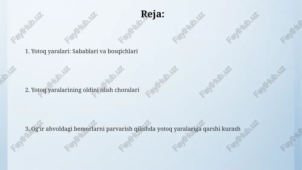 ufakcha yoki yuzaki ochiq yara hosil boʻladi. teri osti yog'lari ko'rinmaydi, klinik belgilari aks etadi. yotoq yaralarini baholash usullari branden shkalasi yotoq yaralarining xavfini baholashda ishlatiladi, 6 ta parametrni (sezuvchanlik, namlik, faollik, harakatchanlik, ovqatlanish, ishqalanish) 1 dan 4 gacha baholaydi, umumiy ball esa xavf darajasini ko'rsatadi. norton shkalasi bemorning holatini baholash uchun yana bir usul bo'lib, jismoniy holat, aqliy holat, faollik, harakatchanlik va siydik tuta olmaslik kabi 5 ta omilni 1 dan 4 gacha baholaydi. push (pressure ulcer scale for healing) shkalasi yaraning hajmi, ekssudat miqdori va to'qimalarning turi kabi 3 ta asosiy parametrni baholab, yotoq yarasining tuzalish jarayonini kuzatishda yordam beradi. yotoq yaralarini oldini olish bo'yicha asosiy strategiyalar namlik yotoq yaralarining asosiy sababidir; terini toza va quruq tuting. siydik va najasni darhol tozalang. teri yaxlitligini saqlash uchun har 2 soatda bemorning pozitsiyasini o'zgartiring, bosimni qayta taqsimlang va yotoq yarasidan himoya qilishni ta'minlang. bosimni kamaytirish uchun maxsus yotoqlar va yostiqlardan …