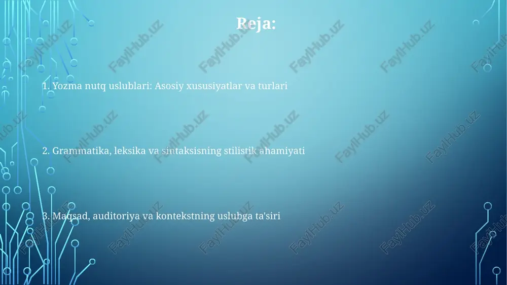 qsad va auditoriyaning uslubga ta'siri auditoriya hajmi va demografiyasi uslubga katta ta'sir ko'rsatadi: katta auditoriya uchun 3-shaxs nutqi, kichigi uchun esa 1-shaxs, norasmiy uslub ishlatiladi. maqsad - xabardor qilish, ishontirish yoki ko'ngil ochish - so'zlarni tanlash, ohang va sintaksisni o'zgartiradi; masalan, ta'lim uchun aniqroq 2-darajali tildir. auditoriyaning bilim darajasi leksika va murakkablik darajasini belgilaydi; 5-sinf o'quvchilari uchun oddiy so'zlar, mutaxassislar uchun esa 4-darajali terminologiya ishlatiladi. kontekstning uslubiy o'zgarishlarga aloqadorligi ijtimoiy kontekst nutq uslubini belgilaydi: 75% hollarda ilmiy maqolalar rasmiy uslubdan foydalansa, suhbatlar 90% hollarda norasmiy uslubni qo'llaydi. kontekstning o'zgarishi 19-asr romanidagi rasmiy tilni 21-asr blogidagi norasmiy tilga aylantirishi mumkin, bu leksikadagi va sintaksisdagi farqlarni keltirib chiqaradi. kontekst, auditoriyaning demografiyasi (masalan, 60% yoshlar, 40% kattalar) uchun mos uslubni tanlashga ta'sir qiladi, bu grammatik tuzilmalarda va so'z tanlashda o'zgarishlarga olib keladi. turli uslublarning qiyosiy tahlili (misollar bilan) publitsistik uslub 2 ta maqsadi bor: axborot berish va ta'sir o'tkazish; unda baholash leksikasi, ritorik …