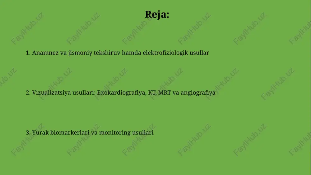-48 soat davomida uzluksiz ravishda yozib oladi, bu esa ritm buzilishlarini aniqlash va yurak faoliyatining o'zgarishini aniqlash imkonini beradi. hodisa monitori simptomlar paydo bo'lganda qo'lda faollashtiriladi va ekgni bir necha daqiqadan soatgacha yozib oladi, bu esa vaqti-vaqti bilan yuzaga keladigan muammolarni aniqlash uchun juda foydali. ikd tekshiruvi va yurak biomarkerlari ikd tekshiruvi ikd qurilmasining ishlashini baholaydi, jumladan, detektorning sezgirligini va 300 ms dan kam bo'lgan davrda hayotga xavfli aritmiyalarni tugatish qobiliyatini tekshirishni o'z ichiga oladi. yurak biomarkerlari, masalan, troponin i darajasi, miyokard shikastlanishini aniqlaydi; 0,03 ng/ml dan yuqori qiymatlar o'tkir miyokard infarktini ko'rsatishi mumkin. e'tiboringiz uchun rahmat image1.jpg image2.jpg image3.jpg image4.jpg image5.jpg image6.jpg
