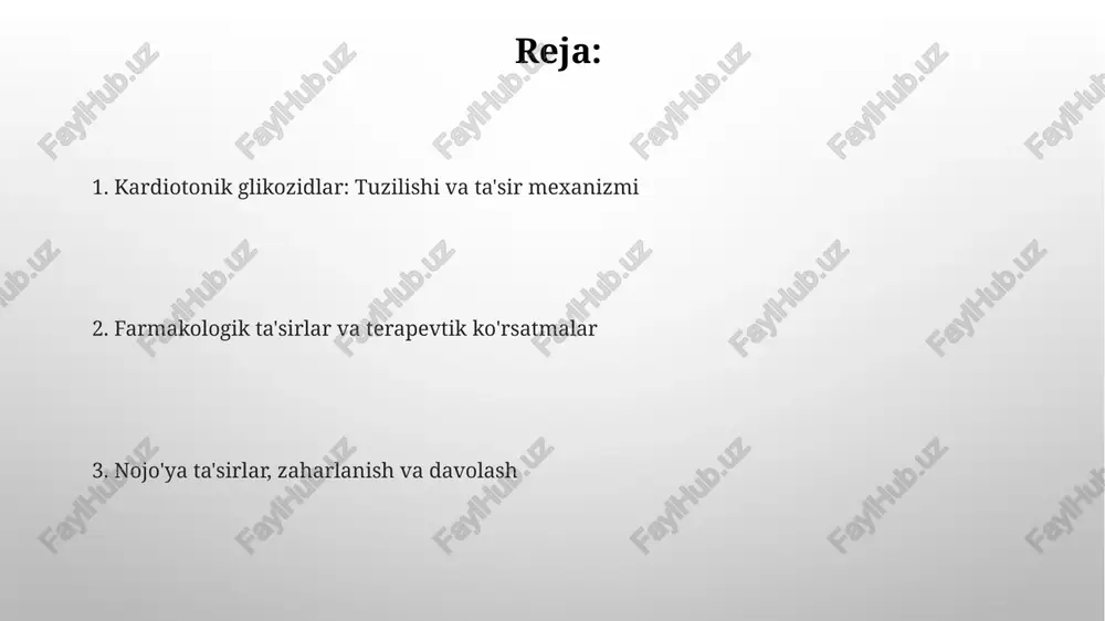 blokadasi kiradi, bu esa yurak ritmining buzilishiga olib kelishi mumkin. qarshi ko'rsatmalar giperkalsiemiya (qonda yuqori kaltsiy darajasi) va gipokalemiya (qonda past kaliy darajasi) bo'lib, bu digitalis toksikligini kuchaytiradi. dori vositalari bilan o'zaro ta'siri diuretiklar bilan birga qabul qilish gipokaliemiya xavfini oshiradi, bu esa yurak glikozidlarining ta'sirini kuchaytiradi va toksiklik xavfini oshiradi, ayniqsa digoksin uchun. kaltsiy preparatlari bilan bir vaqtda qo'llash yurak glikozidlari ta'sirini kuchaytiradi va yurak aritmiyasi xavfini oshiradi, chunki ikkalasi ham hujayra ichidagi kaltsiyni oshiradi. zaharlanish va davolash kardio glikozidlar bilan zaharlanishda diqqatni kaliy disbalansiga qaratish muhim, bunda gipokaliyemiya yurak aritmiyalarini kuchaytirishi mumkin. kaliy darajasini 3.5-4.5 meq/l oralig'ida ushlab turish tavsiya etiladi. digoksin zaharlanishi uchun spetsifik antidot digoksin-immun fab fragmentlari (digifab) hisoblanadi. dozalash zaharlanish darajasiga bog'liq bo'lib, har bir flakon taxminan 0.5 mg digoksinni bog'laydi. e'tiboringiz uchun rahmat image3.png image4.jpg image5.jpg image6.jpg image7.jpg image8.jpg image9.jpg image10.jpg image1.png