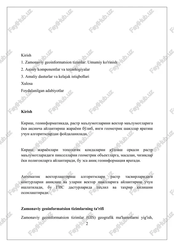 eradi. gis ma'lumotlari turli formatlarda keladi, jumladan, shape fayllari, geodatabazalar va rasterli tasvirlar, ularning har biri 0 dan 255 gacha bo'lgan piksellarni ifodalaydi. ma'lumotlar manbalari va yig'ish usullari zamonaviy geoinformatsion tizimlar lidar (light detection and ranging) texnologiyasidan foydalanib, yuqori aniqlikdagi 3d ma'lumotlarni yig'adi, bu esa yer yuzasining batafsil raqamli modellari uchun muhimdir. aerofotosuratlar va sun'iy yo'ldosh tasvirlari geoinformatsion tizimlarning asosiy manbalaridan biri bo'lib, turli spektral diapazonlarda yer yuzasining vizual va infraqizil ma'lumotlarini taqdim etadi. gps (global positioning system) orqali aniq joylashuv ma'lumotlarini to'plash, geodezik o'lchovlar va mobil qurilmalar orqali amalga oshiriladi, bu esa geografik ma'lumotlarni aniq georeferanslash imkonini beradi. geoma'lumotlarni qayta ishlash va tahlil qilish geoma'lumotlarni qayta ishlashda 3d vizualizatsiya va tahlil usullari, masalan, lidar ma'lumotlarini qayta ishlash va gis dasturlarida ko'rish imkoniyatlari muhim ahamiyatga ega. spatial statistika va geostatistika usullari, masalan, kriging yoki ripley's k-funktsiyasi, hududiy ma'lumotlarni tahlil qilishda va turli hodisalarning tarqalishini baholashda qo'llaniladi. zamonaviy gis platformalari, masalan, …