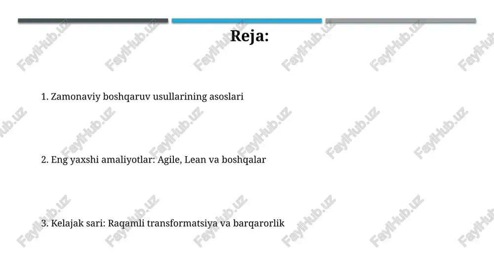 qilish, rivojlantirish va liderlik xodimlarni jalb qilish 70% gacha oshishi mumkin, agar shaxsiy rivojlanish rejalari va mentorlik dasturlari joriy etilsa, bu esa ularning qobiliyatlarini oshiradi va ish joyida motivatsiyani kuchaytiradi. liderlik uslublarining moslashuvchanligi, xususan, transformatsion liderlik, xodimlarning jalb qilinishi va innovatsiyalarga 45% gacha hissa qo'shishi mumkin, chunki u shaxsiy o'sishni rag'batlantiradi. o'zgarishlar, loyihalar, risklar va sifatni boshqarish o'zgarishlarni boshqarish, 8 qadamli kotter modeli kabi, tashkilotlarga yangi texnologiyalar yoki tuzilmalarni muvaffaqiyatli joriy etishga yordam beradi va qarshilikni kamaytiradi. loyihalarni boshqarish, prince2 metodologiyasi orqali, resurslarni samarali taqsimlash, muddatlarni qat'iy nazorat qilish va 9 ta bilim sohasini muvofiqlashtirish orqali maqsadlarga erishishni ta'minlaydi. barqarorlik, ijtimoiy mas'uliyat va texnologiyalarning roli barqarorlikda esg (ekologik, ijtimoiy, boshqaruv) ko'rsatkichlari muhim bo'lib, 2030-yilgacha qulayliklarni oshirish uchun texnologik yechimlar orqali korxonalar resurslardan oqilona foydalanishi zarur. ijtimoiy mas'uliyat korporativ strategiyaning bir qismi bo'lib, texnologiyalar 17 ta barqaror rivojlanish maqsadlariga (sdgs) erishishga yordam beradi, masalan, ta'lim va sog'liqni saqlash sohalarida. e'tiboringiz uchun …