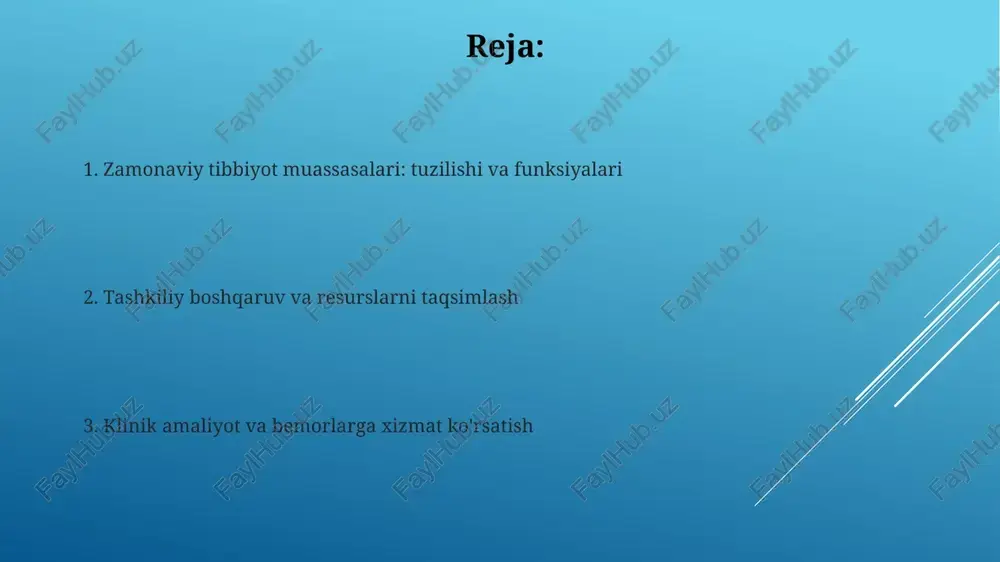 holashda muhim ahamiyatga ega. ambulatoriya-poliklinika yordami ambulatoriya-poliklinika yordami aholiga birlamchi tibbiy-sanitariya yordamini ko'rsatadi, masalan, umumiy amaliyot shifokori va tor mutaxassislar tomonidan 80%gacha ambulator sharoitda tashxis qo'yish va davolash. ushbu yordam turida profilaktika, diagnostika va davolash tadbirlari 12 ta asosiy yo'nalishda olib boriladi, shu jumladan infeksion kasalliklarni erta aniqlash va ularning oldini olish maqsadida 60 mingdan ortiq skrining o'tkaziladi. statsionar yordam ko'rsatish statsionar yordam ko'rsatishda diagnostika va davolash standartlari, jumladan klinik protokollar va dori vositalarining formulalari asosida 24 soatlik tibbiy kuzatuv amalga oshiriladi. statsionar davolanish jarayonida bemorlarga intensiv terapiya, jarrohlik amaliyotlari, reabilitatsiya va parvarish xizmatlari ko'rsatilib, ularning sog'lig'ini tiklashga yo'naltirilgan kompleks chora-tadbirlar qo'llaniladi. favqulodda tibbiy yordam xizmati favqulodda tibbiy yordam xizmati «103» raqami orqali chaqiriladi, uning asosiy vazifasi shoshilinch tibbiy yordam ko'rsatish va bemorlarni tezda kasalxonaga yetkazishdan iborat. favqulodda vaziyatlar ro'yxati (№103 chaqiruviga sabab bo'luvchi) o'zbekiston sog'liqni saqlash vazirligi tomonidan tasdiqlangan va doimiy ravishda takomillashtirib boriladi. tibiiy xodimlarning roli va javobgarligi …