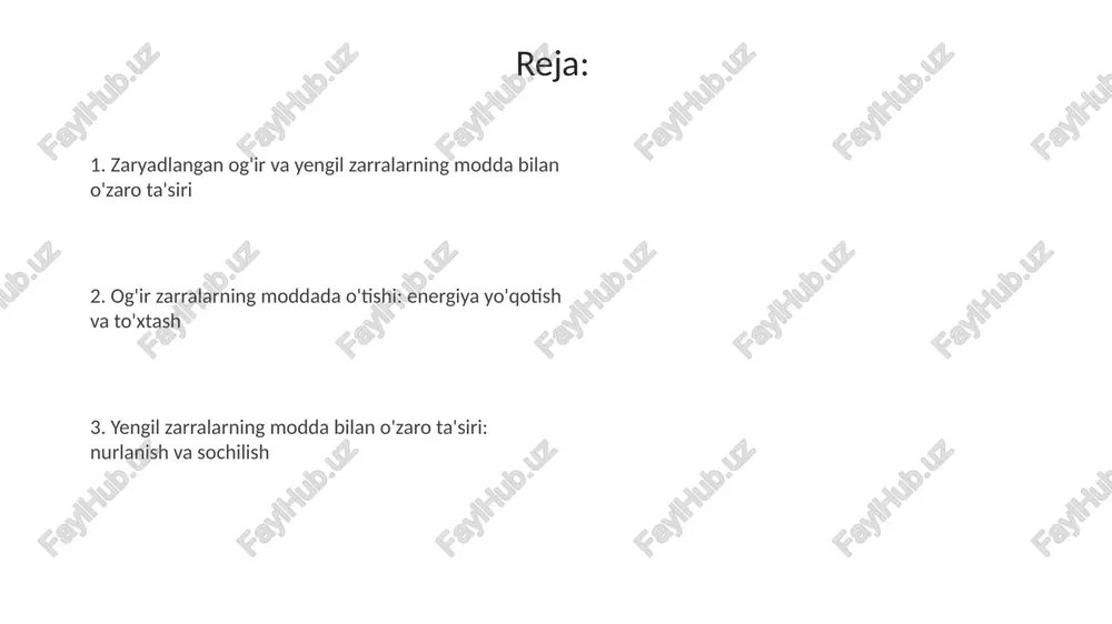 anishiga olib keladi. radiatsiya yo'qotish moddaning atom raqami bilan ortadi. energiya yo'qotish jarayonlari (og'ir zarralar) og'ir zarrachalarning energiya yo'qotishining asosiy mexanizmi - atom elektronlari bilan coulomb o'zaro ta'siri bo'lib, ionlanish va uyg'onishga olib keladi, zarrachaning energiyasi taxminan 1 mev dan ortiq bo'lganda dominant bo'ladi. bethe-bloch formulasi og'ir zarrachalarning moddadan o'tishida energiya yo'qotishini tasvirlaydi, zarrachaning zaryadi kvadratiga va tezligiga teskari proporsional bo'lgan o'rtacha to'xtatish kuchini hisobga oladi. energiya yo'qotish jarayonlari (yengil zarralar) yengil zarralarning energiya yo'qotishi asosan ionlanish va qo'zg'alish orqali sodir bo'ladi, bu jarayon atom elektronlarining qo'zg'alishi yoki chiqarilishi bilan bog'liq. yengil zarralar uchun radiatsion yo'qotish (bremsstrahlung) og'ir zarralarga qaraganda ancha sezilarli, ayniqsa yuqori energiyalarda, chunki radiatsiya yo'qotish energiyaga proporsional. to'xtash kuchi va masofa to‘xtash masofasi zarraning to‘xtashidan oldin materiyada o‘tadigan o‘rtacha masofadir, u zarraning boshlang‘ich energiyasi va materiyaning to‘xtash kuchi funksiyasidir. to‘xtash kuchi zarraning materiyadan o‘tayotganda energiyani yo‘qotish tezligini ifodalaydi, odatda mev/cm kabi birliklarda o‘lchanadi va zarraning zaryadi kvadrati …