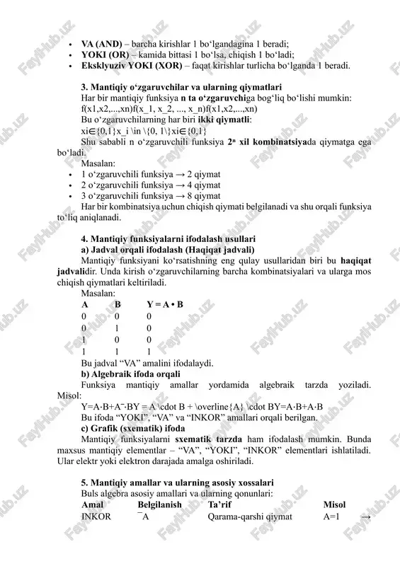 ; · yoki (or) – kamida bittasi 1 bo‘lsa, chiqish 1 bo‘ladi; · eksklyuziv yoki (xor) – faqat kirishlar turlicha bo‘lganda 1 beradi. 3. mantiqiy o‘zgaruvchilar va ularning qiymatlari har bir mantiqiy funksiya n ta o‘zgaruvchiga bog‘liq bo‘lishi mumkin: f(x1,x2,...,xn)f(x_1, x_2, ..., x_n)f(x1​,x2​,...,xn​) bu o‘zgaruvchilarning har biri ikki qiymatli: xi∈{0,1}x_i \in \{0, 1\}xi​∈{0,1} shu sababli n o‘zgaruvchili funksiya 2ⁿ xil kombinatsiyada qiymatga ega bo‘ladi. masalan: · 1 o‘zgaruvchili funksiya → 2 qiymat · 2 o‘zgaruvchili funksiya → 4 qiymat · 3 o‘zgaruvchili funksiya → 8 qiymat har bir kombinatsiya uchun chiqish qiymati belgilanadi va shu orqali funksiya to‘liq aniqlanadi. 4. mantiqiy funksiyalarni ifodalash usullari a) jadval orqali ifodalash (haqiqat jadvali) mantiqiy funksiyani ko‘rsatishning eng qulay usullaridan biri bu haqiqat jadvalidir. unda kirish o‘zgaruvchilarning barcha kombinatsiyalari va ularga mos chiqish qiymatlari keltiriladi. masalan: a b y = a • b 0 0 0 0 1 0 1 0 0 1 1 …