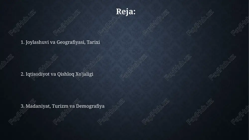 a ega bo‘lgan amir temurning yodgorliklari sayyohlarni o‘ziga jalb qiladi. demografiyasi qashqadaryo viloyatida 2023-yil holatiga ko'ra 3,5 milliondan ortiq aholi istiqomat qiladi, bu o'zbekistonning eng zich viloyatlaridan biri ekanligini ko'rsatadi. aholining asosiy qismini o'zbeklar tashkil etadi, ammo tojiklar, ruslar va boshqa millat vakillari ham mavjud bo'lib, mintaqaning etnik xilma-xilligini aks ettiradi. qishloq xo'jaligi qashqadaryo qishloq xo'jaligida g'alla ekinlari muhim ahamiyatga ega bo'lib, 2023-yilda 700 ming tonnadan ortiq bug'doy yetishtirildi, bu esa respublika bo'yicha yuqori ko'rsatkichlardan biridir. paxtachilik qashqadaryo qishloq xo'jaligining an'anaviy tarmog'i bo'lib, hosildorlikni oshirish maqsadida tomchilatib sug'orish texnologiyalari keng joriy etilmoqda, natijada 30% gacha suv tejalmoqda. e'tiboringiz uchun rahmat image2.jpg image3.jpg image4.jpg image5.jpg image6.jpg image7.jpg image8.jpg