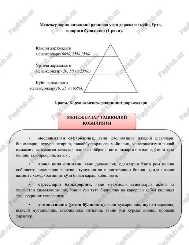 larni chuqurlashtirish, tashabbuskorlikka moyillik, konservatizmga chiday olmaslik, asoslangan tavakkalchilikka tayyorlik, yangiliklarga intilish, o'zini tuta bilish, tadbirkorlik va h.k.; • aloqa qila olishlik, ya'ni dilkashlik, odamlarni o'ziga rom qilish qobiliyati, odamlarni eshitish, tushunish va ishontirishni bilish, hamda nizoli vaziyatga hamsuhbatining ko'zi bilan qarash qobiliyati; • stresslarga barqarorlik, ya'ni muammoli vaziyatlarda aqliy va hissiyotli himoyalanganlik, o'zini o'zi tuta bilishlik va qarorlar qabul qilishda tafakkurning xushyorligi; • dominativlik (ustin bo'lishlik), ya'ni hukmronlik, shuhratparaslik, shaxsiy mustaqillik, etakchilikka intilish, o'zini o'zi hurmat qilish, irodali xarakter. 2-jadval menejerning etakchidan farqi menejer etakchi buyruk beradi ilhomlantiradi boshqalarning maqsadlari va ko'rsatmalari bo'yicha ishlaydi shaxsiy maqsadlari bo'yicha ishlaydi harakatlarning asosida hisob-kitob, reja yotadi harakatlarning asosida ko'ra bilish, intuitsiya yotadi tizimga, tashkilotga suyanadi odamlarga suyanadi dalil-isbotlarda foydalanadi hissiyotdan foydalanadi nazorat qiladi ishonadi ishontiradi chaqiradi, da'vat qiladi ko'proq qat'iy, vertikal aloqalar, munosabatlar va tuzulmadan foydalanadi ko'proq yumshoq aloqalar va munosabatlardan foydalanadi harakatni qo'llab quvvatlaydi harakatga impuls beradi kasb egasi g'ayratli qarorlarni …