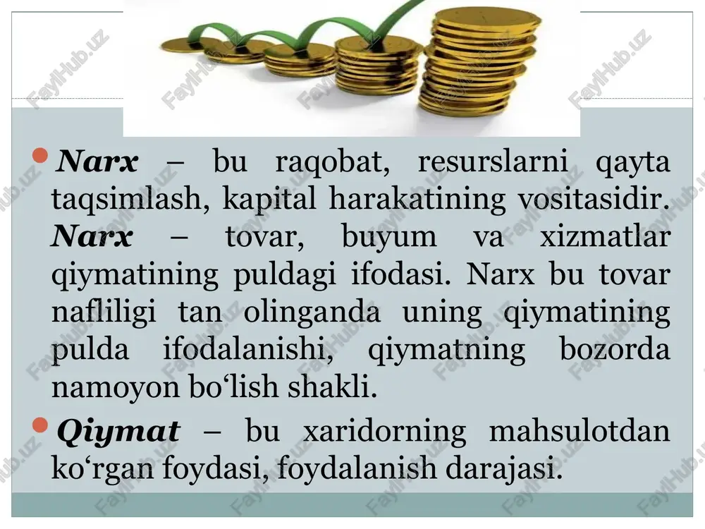 rxlar narxning boshqa xillari (masalan, bozor narxi, xalqaro narxlar va h.k.). erkin narxlar – bozorda shakllanuvchi, davlat bevosita ta’sir ko‘rsatmaydigan narxlar. erkin narxlar–bu bozor konyunkturasini hisobga olib sotuvchilar tomonidan o‘rnatiladigan narxlar. ularga: talab asosida shakllanadigan taklif asosida shakllanadigan ishlab chiqarishda shakllanadigan narxlar kiradi. narxning boshqa turlari jahon bahosi - tovar turiga bog‘liq ravishda aniqlanadi. monopol baho - monopoliyalar tomonidan belgilanadigan baho. transfert bahosi - bu firmaning ishlab chiqarish bo‘limidan boshqa bo‘limlariga o‘tkazilayotgandagi tovar bahosi, masalan, tashqi savdo xizmatiga yoki chet el savdo filialiga. harakatlanuvchi narx - shartnoma tuzilayotgan paytda unda qayd etilgan va ma’lum sharoitda o‘zgarishi mumkin bo‘lgan narx (shartnoma kelishuviga ko‘ra). sirpanuvchi narx - bu qoidaga ko‘ra uzoq muddatda tayyorla- nadigan mahsulotga belgilangan narx (masalan, kema). shartnoma tuzilayotganda unda qayd etilgan narx ikkala tomonning kelishuviga ko‘ra o‘zgarishi mumkin. auksion bahosi - bu auksionda sotilgan tovarning real bahosi. auksion bu-tovarni raqobatli savdo yo‘li bilan sotish usuli. sotib oluvchi auksion ishtirokchilaridan …