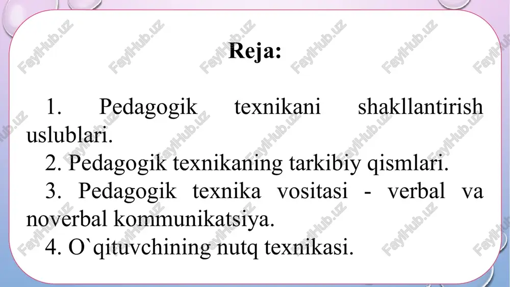 nida o‘z hissiyotini va kayfiyatini jilovlay olishi va turli nojo‘ya ta’sirlarga berilmaslik; mukammal ijtimoiy perseptiv qobiliyatlarga (diqqat, kuzatuvchanlik, xayol) egaligi; nutq texnikasini (nafas olish, ovozni boshqarish, nutq tempi) bilishi va o‘z o‘rnida qo‘llay olishi. nutq pedagog uchun kasbiy zaruriyat sifatida. nutq – tildagi mavjud ifoda vositalaridan foydalangan holda real­likka aylangan fikr bo’lib ikki xil ko’rinishda namoyon bo’ladi: ichki nutq tashqi nutq o’qituvchi ongida hosil bo’ladigan, hali amalga oshmagan til ele­ment­laridan tashkil topgan, kishining og’iz ochmasdan fikrlashi, mulo­haza yuritishi, o’ylashi ichki nutqdir. o’qituvchi mulohazasi va fikrining til vositasida nutq organlariga ta’siri va harakati bilan real tovushlar sifatida yuzaga keladigan nutq – tashqi nutq bo’lib, u ijtimoiy hodisadir. o’qituvchining nutqiy faoliyati: so’zlash, mutolaa qilish va eshi­tishdan iborat. nutq hodisasi monolog, dialog, polilog, deklamatsiya ham­da ay­rim matn va kitob shaklida bo’lishi mumkin. nutq maxsus bel­gi­langan tar­tibda o’zining hajmi bilan notiqqa havola etiladi. pedagogik-psixologik adabiyotlar tahlili asosida nutqning quyidagi o’ziga xosliklarini ajratib ko’rsatish mumkin: …