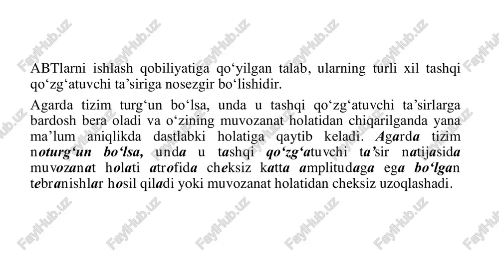 gichlarning asosiy turlari quyidagicha: 1) p (proportsional) rostlagich 2) pi (proportsional-integral) rostlagich 3) pd (proportsional-differensial) rostlagich 4) pid (proportsional-integral-differensial) rostlagich p (proporsional) rostlagich p-rostlagich (proporsional regulyator) – avtomatik boshqarish tizimlarida eng ko‘p ishlatiladigan va eng sodda regulyatorlardan biridir. bu regulyatorning ishlash prinsipi shundan iboratki, uning chiqish signali (boshqaruv signali) xatolik (e(t)) qiymati bilan proporsional ravishda o‘zgaradi. agar xatolik ortsa, boshqaruv signali ham ortadi, agar xatolik kamayib, nolga yaqinlashsa, boshqaruv signali ham pasayadi. kirish signali r(s) • bu tizimga beriladigan kerakli qiymat (setpoint), ya’ni biz tizimni qanday holatda ushlab turmoqchi ekanligimizni belgilovchi signal. • masalan, agar bu suv sathini boshqarish tizimi bo‘lsa, 150 sm ni ushlab turish uchun r(s)=150 bo’ladi. xato quyidagicha hisoblanadi: e(t)=r(s)−y(s) bu taqqoslash natijasida og‘ish (xato signal) hosil bo‘ladi: e(s) — xato (error) signali, ya’ni hozirgi chiqish bilan kerakli qiymat o‘rtasidagi farq. agar chiqish y(s) r(s) bo‘lsa, ya’ni tizim ortiqcha harakat qilgan bo‘lsa, xato manfiy bo‘ladi va tizimni …