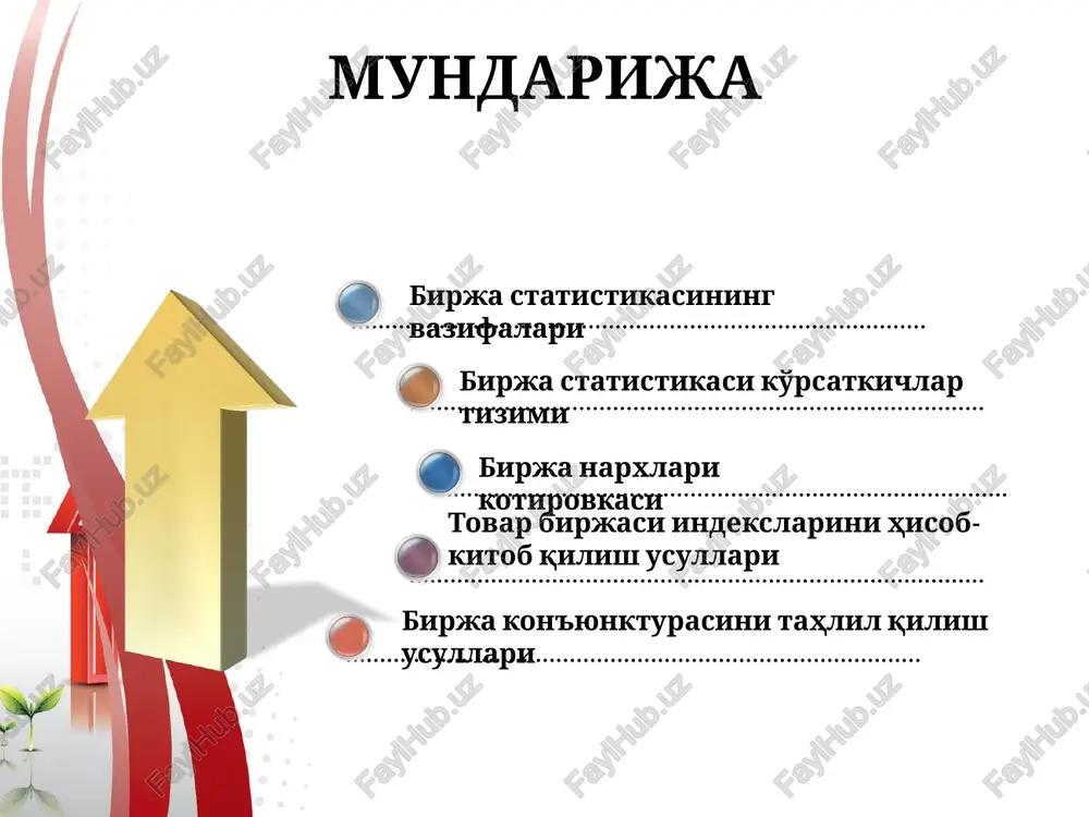 rkibi va hajmi birjalar umumiy soni birjalarni nizom kapitali hajmi birja turlari va ixtisoslashuv 10 120 4. birja narxlar indeksi bazaviy, taklif, talab va sotuv narxlari narxlar indeksi bitimlar bo'yicha narx darajasi (kotirovka) davriy narxlar va narx chetlanishi 00 01 02 03 04 05 06 07 50% 70% 160% 230% 100% 150% 380% 300% %) year 6. birjaning ishtirokchilari statistikasi birja xodimlari soni va tarkibi emitentlar soni va dinamikasi brokerlar soni va boshq 7. reyting ko'rsatkichlari brokerlik idoralari reytingi (a,v, 100) emitentlar reytingi investorlar reytingi va boshq 5. birja rentabelligi birja operatsiyalaridan daromad sof foyda, paychilarning dividendlari rentabellik va boshq birja samaradorligi statistikasi div- bitta aktsiya uchun oxirgi to'langan dvident hajmi yld – aktsiyaning daromadliligi p/e – aktsiyaning bozor narxdagi rentabelligi hi – aktsiyaning yuqori narxi lo- aktsiyaning minimal narxi close – aktsiyaning birja yopilishidagi narxi birja statistikasi har kunlik ma'lumotlarga asoslanadi va quyidagi ko'rsatkichlarda ifodalanadi. birja statistkasi ko'rsatkichlari stock …