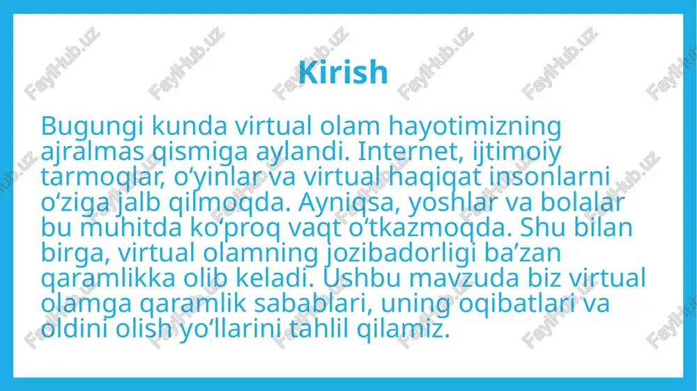 keladi. qaramlikni oldini olish usullari qaramlikni kamaytirish uchun vaqtni boshqarish va muvozanat muhim. internet va o‘yinlarga ajratilgan soatlarni cheklash, muntazam jismoniy faoliyat bilan shug‘ullanish, do‘stlar va oila bilan muloqotni oshirish tavsiya etiladi. shu bilan birga, yoshlarni ongli foydalanuvchi bo‘lishga o‘rgatish ham zarur. psixologik yondashuvlar psixologlar virtual olam qaramligini kamaytirish uchun turli metodlarni tavsiya qiladi. masalan, vaqtni rejalashtirish, maqsadlar belgilash, qiziqarli real faoliyatlarni topish. shu bilan birga, ruhiy qo‘llab-quvvatlash va maslahat olish qaramlikni yengishga yordam beradi. bu usullar yoshlarni sog‘lom va muvozanatli turmushga yo‘naltiradi. xulosa virtual olam jozibador bo‘lishi bilan birga, qaramlik xavfini ham o‘zida mujassam etadi. qaramlikning oldini olish uchun vaqtni nazorat qilish, sog‘lom turmush tarzini shakllantirish va psixologik yondashuvlardan foydalanish zarur. shu yo‘l bilan inson virtual va real dunyo o‘rtasida muvozanatni saqlab, ruhiy va jismoniy salomatligini himoya qiladi. foydalanilgan adabiyotlar abdurahmonov, b. “axborot va mediasavodxonlik asoslari”. toshkent, 2020. qodirov, m. “yoshlar va internet: ijtimoiy ta’sirlar”. toshkent, 2019. karimova, n. …