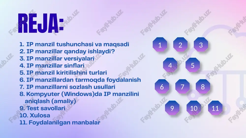 chun ham foydali bo‘ladi. ip manzillar bilan ishlash ko‘nikmasi oldinga siljish, aytaylik, tarmoq texnologiyalari, infratuzilmani o‘rganish va boshqa murakkab ko‘nikmalarni egallash imkonini beradi. ivan avramenko kiberxavfsizlik muhandisi ⮜⮜⮜ oldingi keyingi ⮞⮞⮞ ipv4 — 32 bitli, eng ko‘p ishlatiladigan versiya ipv6 — 128 bitli, yangi avlod ip ipv6 ipv4’ning cheklovlarini bartaraf etadi ip versiyalari reja keyingi ⮞⮞⮞ ⮜⮜⮜ oldingi qo'llaniladigan (ariza), transport, tarmoq (internet), atrof-muhitga kirish darajasi (tarmoqqa kirish) tcp / ip protokollari to'plami dod tarmoq modeliga asoslangan va to'rtta protokol qatlamini o'z ichiga oladi: ⮜⮜⮜ oldingi keyingi ⮞⮞⮞ ip-manzil 4 baytdan iborat va odatda har bir baytning qiymatini o'nlik sanoq sistemasida ifodalovchi va nuqta bilan ajratilgan to'rtta raqam sifatida yoziladi, masalan: 128.10.2.30 - manzilni ko'rsatishning an'anaviy o'nlik shakli, 10000000 00001010 00000010 00011110 - ikkilik shakl. ip manzillar sinflari reja keyingi ⮞⮞⮞ ⮜⮜⮜ oldingi manzil ikkita mantiqiy qismdan iborat - tarmoq raqami va tarmoq tugunining raqami. manzilning qaysi qismi tarmoq raqamiga …
