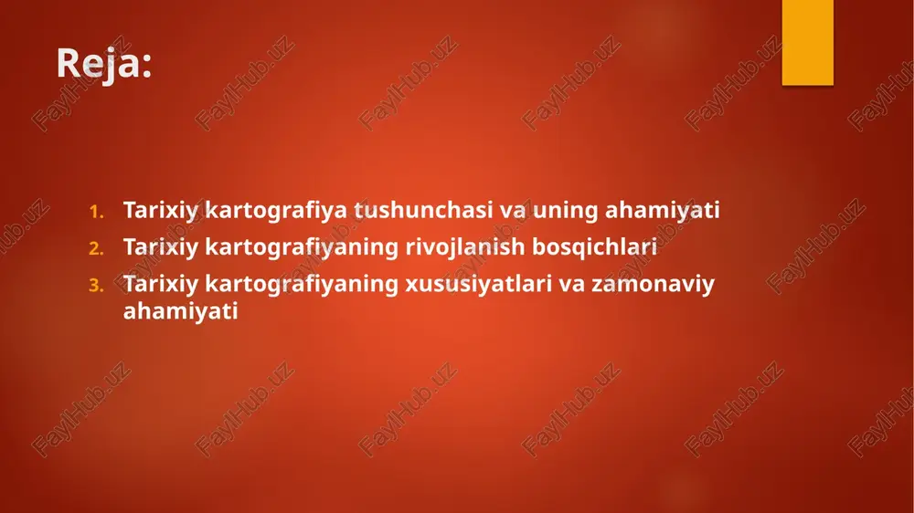 raflar yer sharini aniqroq tasvirlashga harakat qildilar. ularning ishlari zamonaviy geografik proyeksiyalarning asosini yaratdi. zamonaviy tarixiy kartografiya bugungi kunda tarixiy kartografiya raqamli texnologiyalar yordamida rivojlanmoqda. arxiv xaritalari skanerlanib, geografik axborot tizimlariga (gis) joylashtirilmoqda. bu usul tarixiy hududlarni tahlil qilish, ularni zamonaviy xaritalar bilan taqqoslash imkonini beradi. shuningdek, virtual xaritalar o‘tmish manzarasini jonli tarzda ko‘rsatadi. tarixiy kartografiyaning ahamiyati tarixiy kartografiya ilmiy tadqiqotlarda, arxeologik izlanishlarda, shuningdek, madaniy merosni saqlashda muhim o‘rin tutadi. u o‘tmishdagi ijtimoiy, siyosiy va madaniy jarayonlarni chuqur tahlil qilishga yordam beradi. xaritalar nafaqat tarixiy hujjat, balki badiiy asar sifatida ham qadrlanadi. xulosa tarixiy kartografiya insoniyatning fazoviy tafakkurini o‘rganishning asosiy manbalaridan biridir. u o‘tmishdagi dunyoqarash, ilmiy yutuqlar va madaniyatni tasvirlaydi. bu soha tarixni yanada vizual tarzda anglash, qadimiy manbalarni saqlab qolish va ularni kelajak avlodlarga yetkazish imkonini beradi. foydalanilgan adabiyotlar qodirov, a. “tarixiy kartografiya asoslari”. toshkent: o‘zbekiston milliy universiteti, 2018. karimov, b. “dunyo xaritalarining tarixi va rivojlanishi”. toshkent: fan va …