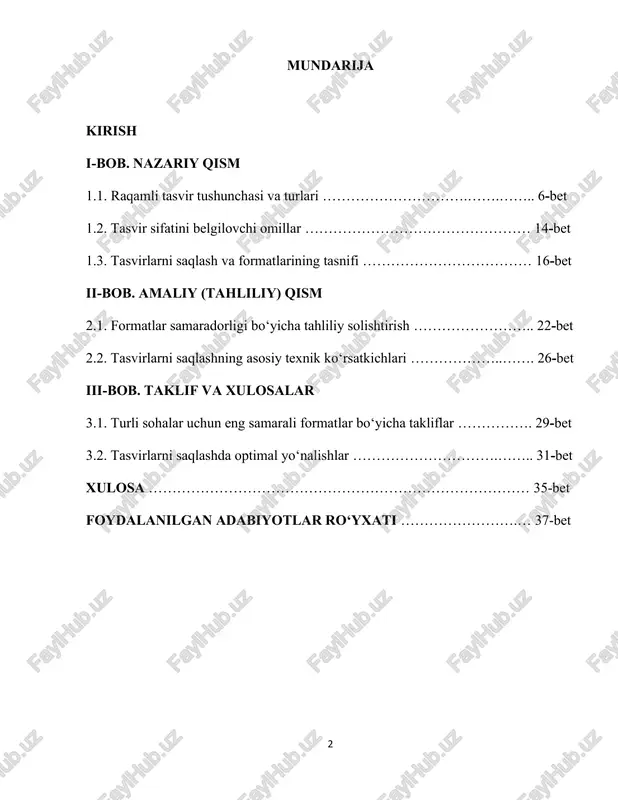 rategik axborot-bazasini tashkil etuvchi jarayon bo‘lib qolmoqda. masalan, pf‑6079‑sonli farmon bilan tasdiqlangan “raqamli o‘zbekiston — 2030” strategiyasi doirasida davlat axborot tizimlarini modernizatsiya qilish, ma’lumotlar markazlari va raqamli infratuzilmani kengaytirish ustuvor vazifa etib qo‘yilgan. 1 so‘nggi yangiliklardan biri sifatida, davlat organlarini yagona ma’lumotlarni saqlash markaziga (unified data center) birlashtirish bo‘yicha qaror qabul qilinmoqda, bu esa ma’lumot xavfsizligi, resurslarni tejash va tizimlararo uyg’unlikni ta’minlashga xizmat qiladi. 2 bu yangilanishlardan kelib chiqib, raqamli tasvirlar formatini tanlash va ularni saqlash bo‘yicha quyidagi jihatlar dolzarb ahamiyat kasb etadi: 1. avvalo, yuqori aniqlikda tasvir olish (masalan, 4k, 8k) va professional kameralar orqali yaratilgan fayllar orqali — to‘g‘ri format tanlash orqali ma’lumot hajmi va sifat o‘rtasida optimal muvozanatga erishish mumkin. 2. formatlar tanlashda mobil va veb muhiti, tibbiyot, ilmiy tadqiqotlar yoki arxiv kabi sohalarning spesifik talablarini hisobga olish zarur. masalan, web tasvirlari 1 lex.uz 2 gazeta.uz 4 uchun kichik hajm bilan tez ochilish, tibbiyot rasmiylari uchun yo‘qotishsiz …