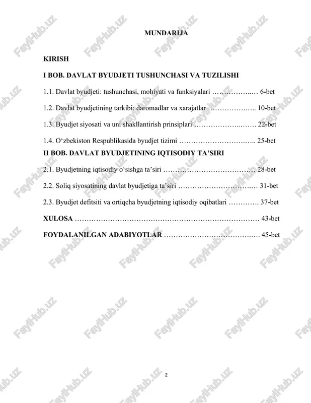 ning, xususan fiskal siyosatning markaziy elementi ekanligi ta’kidlanadi. davlat byudjetining mamlakat iqtisodiyotiga ta’sirini yoritishda o‘zbekiston respublikasining “2025-yil uchun davlat byudjeti to‘g‘risida”gi qonuni (o‘rq- 1011-son, 2024-yil 18-dekabr) alohida ahamiyat kasb etadi. ushbu qonun o‘zbekiston respublikasining 2025-yilgi asosiy moliyaviy siyosatini belgilab beruvchi bosh hujjat bo‘lib, unda davlat byudjeti daromadlari va xarajatlari tarkibi, byudjet taqchilligi, mahalliy byudjetlar bilan o‘zaro munosabatlar hamda iqtisodiy ustuvor yo‘nalishlar aniq ko‘rsatib o‘tilgan.1 mazkur qonun mamlakat moliyaviy barqarorligini mustahkamlash, byudjet siyosatini samarali yuritish va iqtisodiy o‘sishni qo‘llab-quvvatlashga qaratilgan. qonunda davlat byudjeti parametrlarini shakllantirishda ijtimoiy yo‘naltirilganlik, investitsion faollikni rag‘batlantirish, mahalliy byudjetlarning moliyaviy mustaqilligini oshirish hamda resurslardan oqilona foydalanish kabi tamoyillar ustuvor qilib belgilangan. qonunning qabul qilinishi natijasida byudjet siyosati yanada tizimli tus oldi — daromadlarni oshirish orqali iqtisodiyotda barqaror o‘sish sur’atlarini saqlab qolish, 1 https://lex.uz/docs/7277618 4 infratuzilmani rivojlantirish va aholining ijtimoiy himoyasini kengaytirish imkoniyati yaratildi. shu bilan birga, qonun fiskal siyosatning muvozanatini ta’minlash va davlat moliyasi tizimida ochiqlikni kuchaytirish yo‘lida …