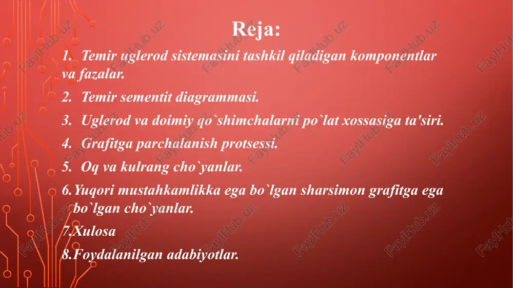 qori temperaturada (723°c) erishi 0,1% ga yetadi. uglerod temir kristall panjarasini yon tomonlarini o`rtasida (atomlar orasiga temir radiusini 0,29% ni tashkil qiladi) yoki vakansiyada joylashishi mumkin. austenit (a) - uglerod va o`zga qo`shimchalarning uglerodlash qattiq aralashmasi austenitni uglerod 2,14% gacha eriydi. u temirning elementar yacheykasi markazlashgan kub yacheyka bo`lib, atomlar orasida bo`shliqni maksimal o`lchami temir atomining 0,4k teng (atom radiusi). = 0,27" 0,2 = 0,044 mpa) u - temirida atomlar orasidagi bo`shliq temirga qaraganda katta bo`lganligi uchun, u temir uglerod ko`proq eriydi. - uglerod bilan temirni kimyoviy birikmasi, ya'ni temir karbidi fe3c. sementitda 6,67% uglerod bo`ladi. sementit atomlari zich joylashgan romb shaklidagi kristall panjaraga ega. sementitni erish temperaturasi 1600°c tashkil qiladi, lekin negadir har xil qilib ko`rsatilgan 1250°c to 1600 °c gacha yetadi. lekin sementit 768°c gacha ferromagnitli xossasiga ega bo`lib juda katta qattiqlikka ega bo`ladi. shuning uchun sementitni xarakterli xususiyatlardan biri uning qattiqligidir. nu = 1000 yoki (10000 mpa) …