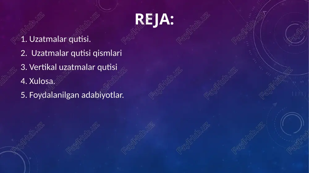 hiriladi. yengil avtomobillarda uzatish soni uch, to‘rt yoki besh pog‘onali, yuk avtomobilida esa to‘rt, besh ba’zan sakkiz va undan ham ko‘proq bo‘ladi.uzatmalar qutisining pog‘onasi qanchalik ko‘p bo‘lsa, dvigatelning quvvatidan unumli foydalanish imkoniyati shuncha ortadi va yonilg‘i sarfini kamaytirish imkoniyatini beradi. tezliklar qutisining turlari quyidagicha tasniflanadi: tishli uzatmaning turiga qarab a) qo‘zg‘almas o‘q yoki valli b) qo‘zg‘aluvchi o‘q yoki valli (planetar mexanizmli) shesternyalarni o‘zaro tishlashishiga qarab a) qo‘zg‘aluvchi shesternyali b) doimiy tishlashib turuvchi shesternyali vallarni avtomobilga nisbatan joylanishi a) uzunasiga joylashgan b) ko‘ndalang joylashgan val soniga qarab a) ikki valli b) uch valli c) to‘rt valli tezlikni almashlab qo‘shish turiga qarab a) mexanik b) gidravlik c) gidromexanik (aralashgan). barcha turdagi tezliklar qutisi tezlikni avtomobilning tortish kuchi va yo‘l sharoitiga qarab o‘zgartirish imkonini beradi. zamonaviy avtomobillarda uzatmalar shovqinsiz, ya’ni zarbsiz ulash, boshqarishni osonlashtirish, ishonchli ishlash muddatini oshirish maqsadida uzatmalar qutisining turli konstruksiyalari yaratilmoqda. haydovchining qo‘l kuchi bilan harakatga keltiradigan mexanik qurilmali uzatmalar …